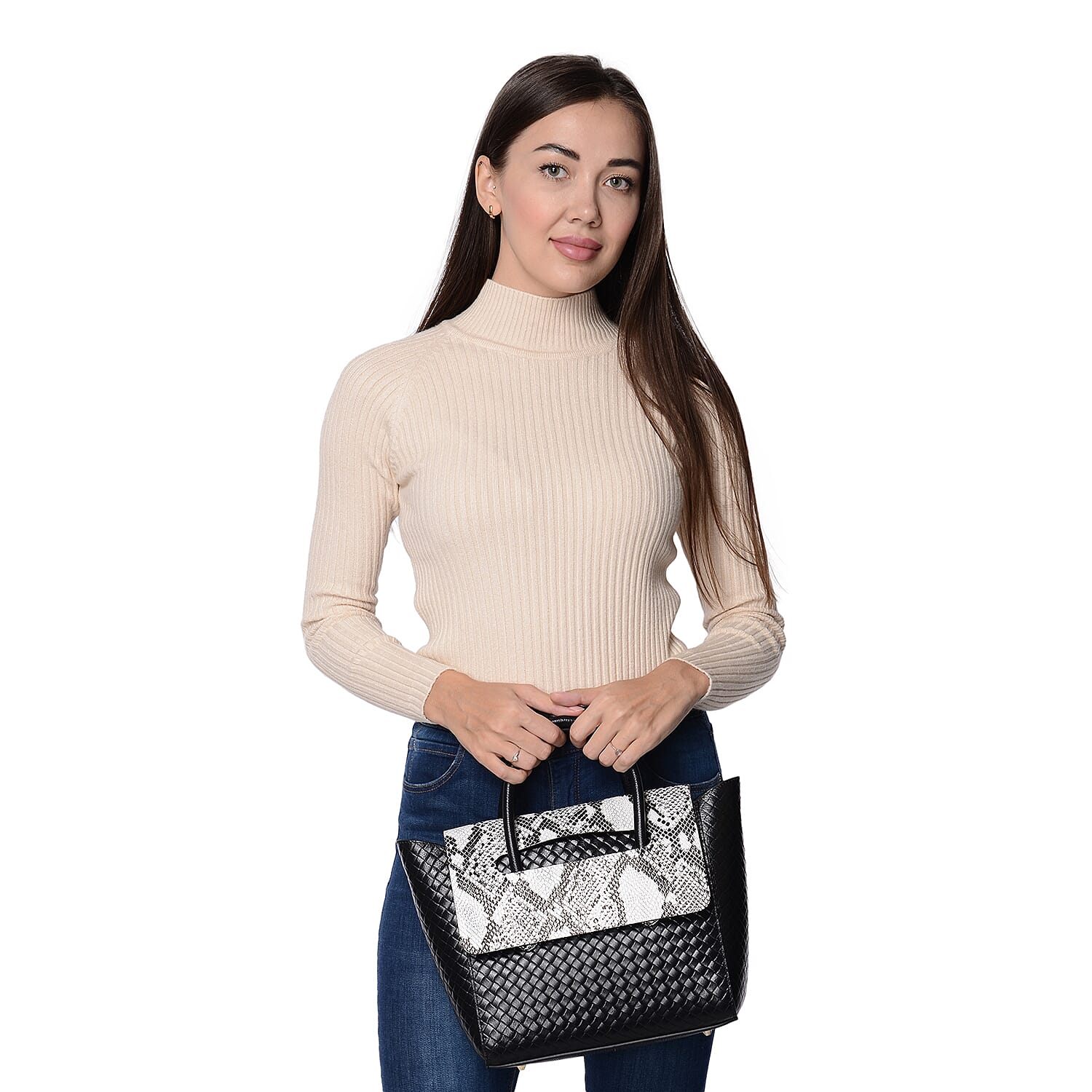 100% Genuine Leather Snake Pattern Woven Tote Bag  (Size 26x13x27 Cm) - Black and White