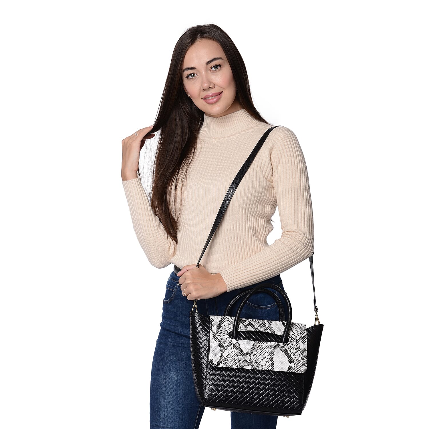 100% Genuine Leather Snake Pattern Woven Tote Bag  (Size 26x13x27 Cm) - Black and White