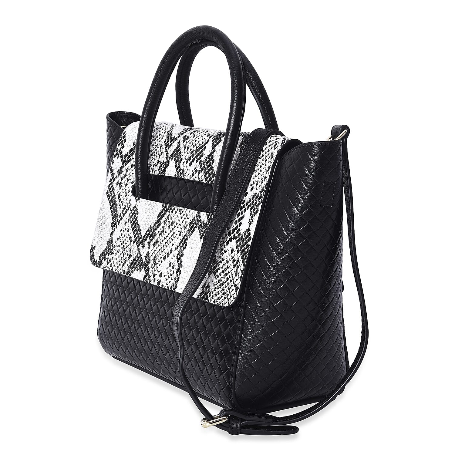 100% Genuine Leather Snake Pattern Woven Tote Bag  (Size 26x13x27 Cm) - Black and White
