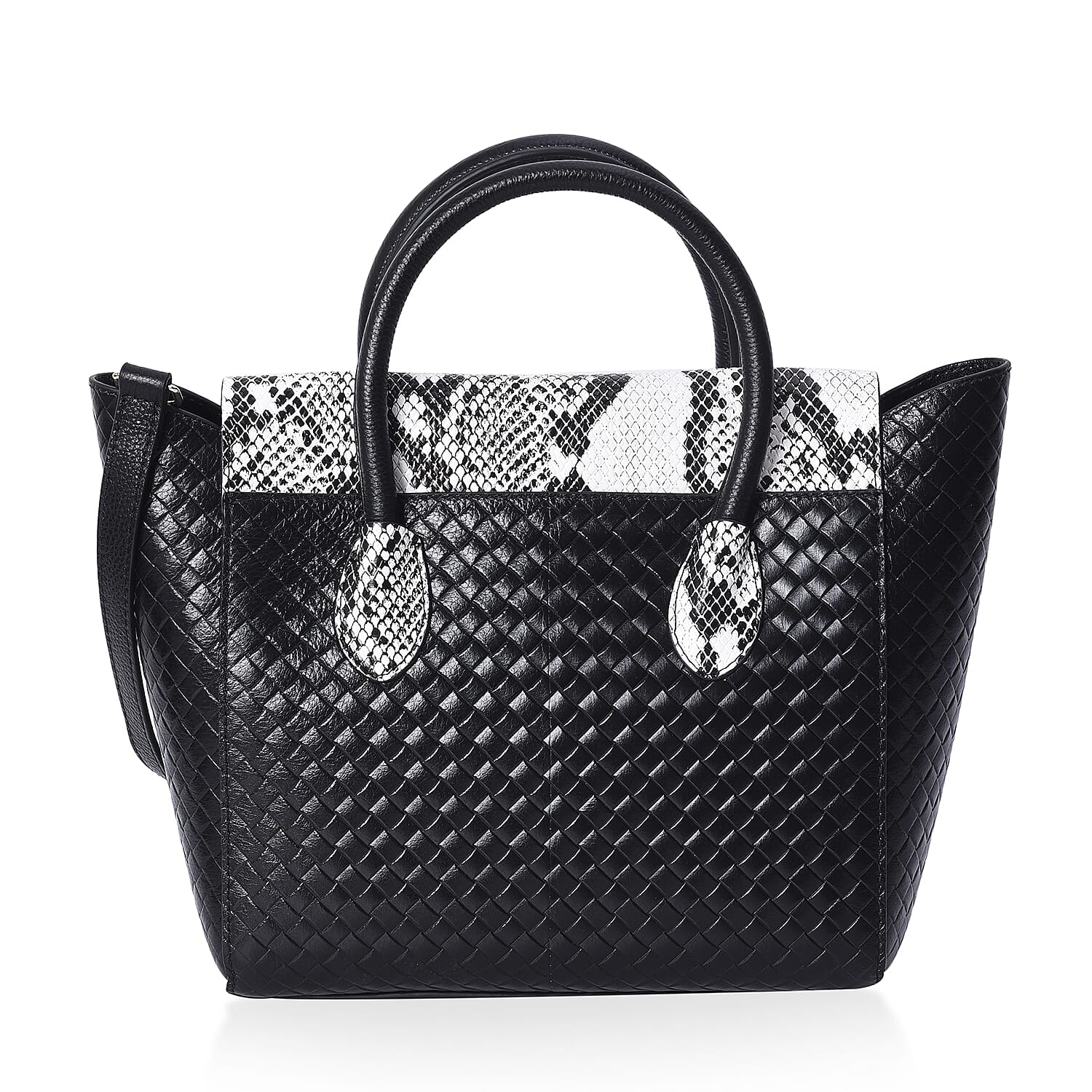 100% Genuine Leather Snake Pattern Woven Tote Bag  (Size 26x13x27 Cm) - Black and White