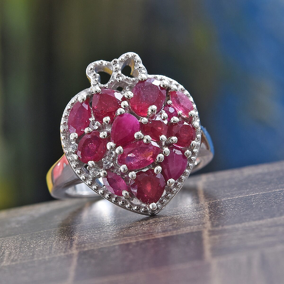 GP African Ruby, Natural Cambodian Zircon and Blue Sapphire Heart Ring in Platinum Overlay Sterling Silver 3.00 Ct, Silver wt 5.18 Gms