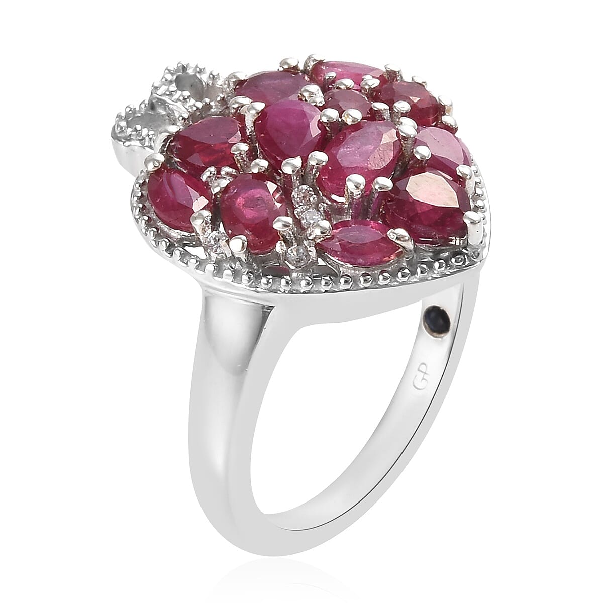 GP African Ruby, Natural Cambodian Zircon and Blue Sapphire Heart Ring in Platinum Overlay Sterling Silver 3.00 Ct, Silver wt 5.18 Gms