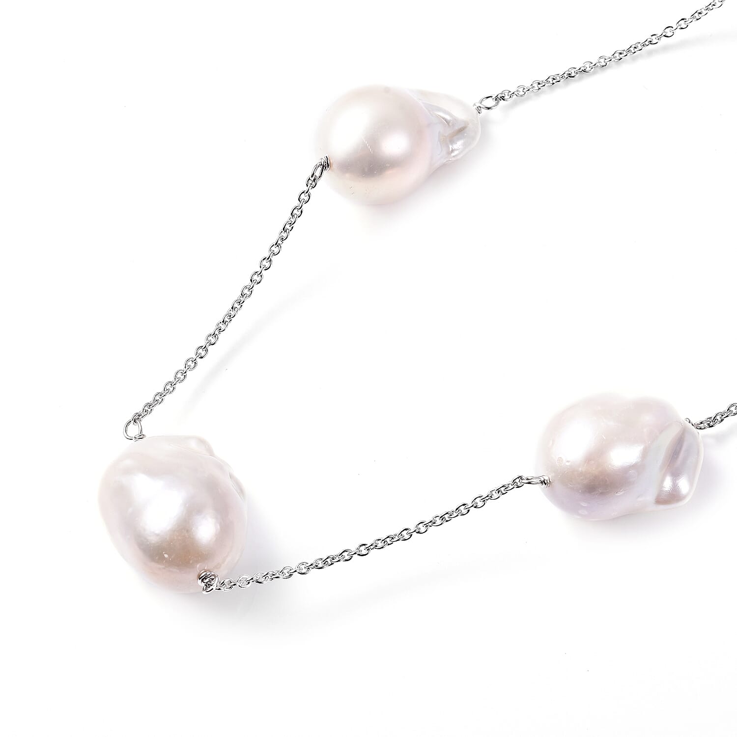 Baroque Pearl Station Necklace (Size 30) in Rhodium Overlay Sterling Silver, Silver wt. 6.07 Gms