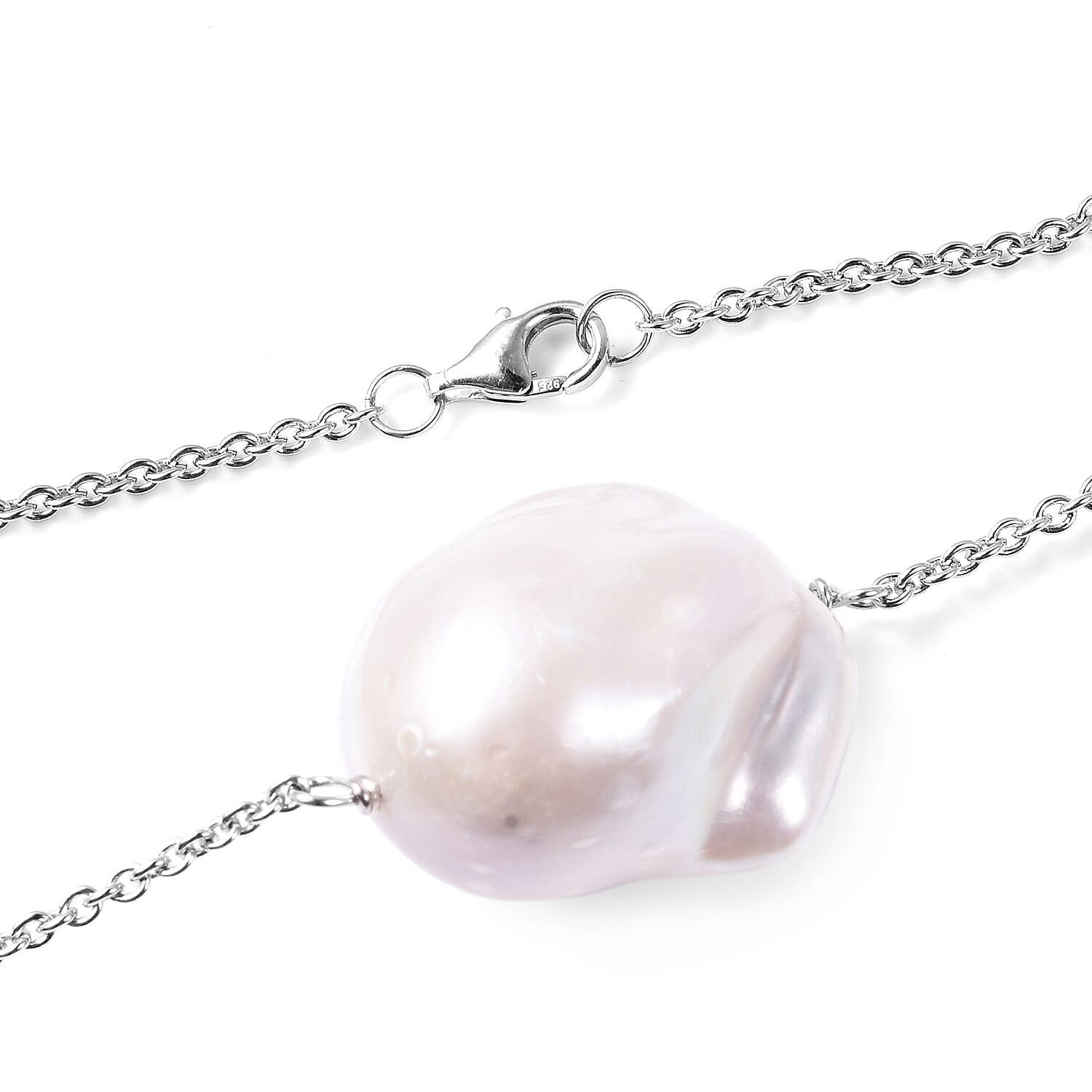 Baroque Pearl Station Necklace (Size 30) in Rhodium Overlay Sterling Silver, Silver wt. 6.07 Gms