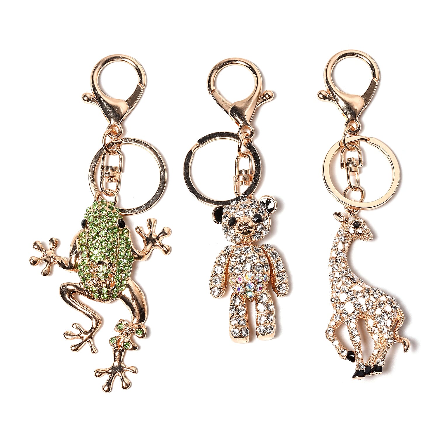 Set of 3 - Black, White and Multicolour Austrian Crystal Frog, Teddy Bear and Giraffe Enamelled Keychain in Gold Tone