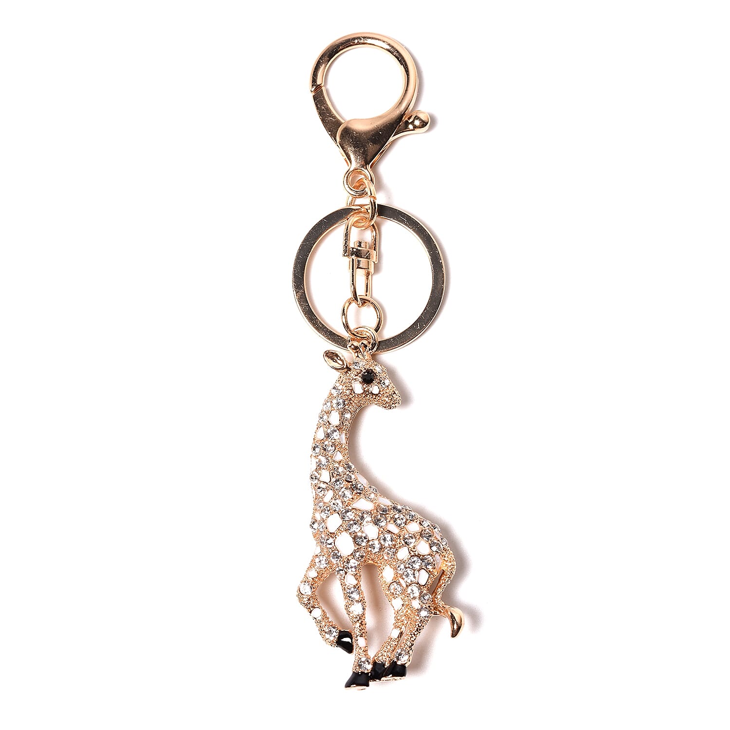 Set of 3 - Black, White and Multicolour Austrian Crystal Frog, Teddy Bear and Giraffe Enamelled Keychain in Gold Tone