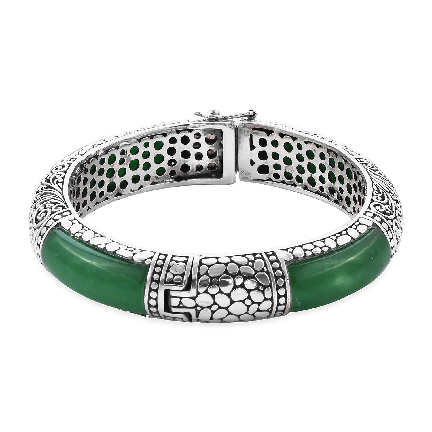 Royal Bali Collection - Green Jade Bangle (Size 7.5) in Sterling Silver 98.00 Ct, Silver Wt. 50.00 Gms