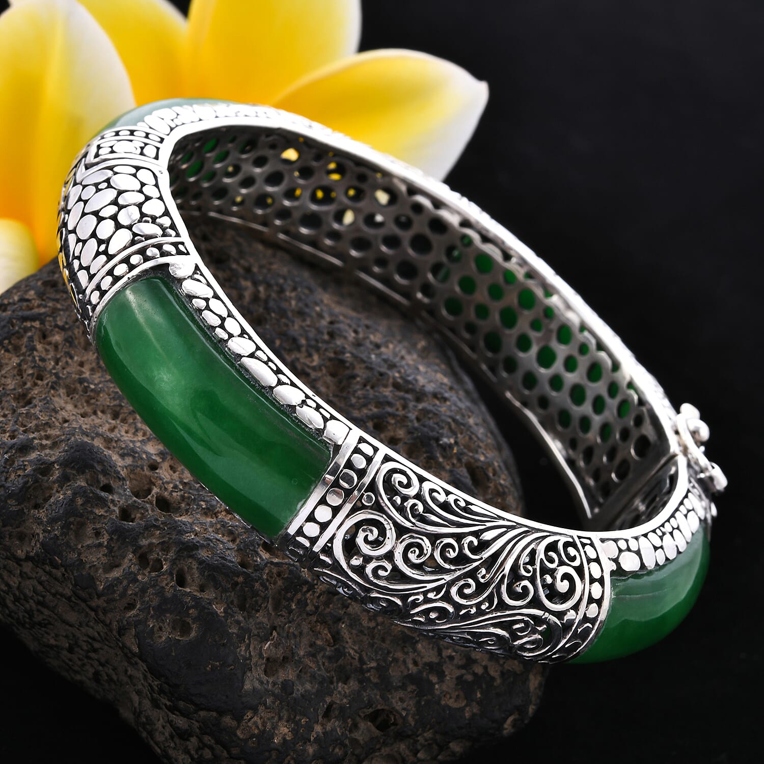 Royal Bali Collection - Green Jade Bangle (Size 7.5) in Sterling Silver 98.00 Ct, Silver Wt. 50.00 Gms