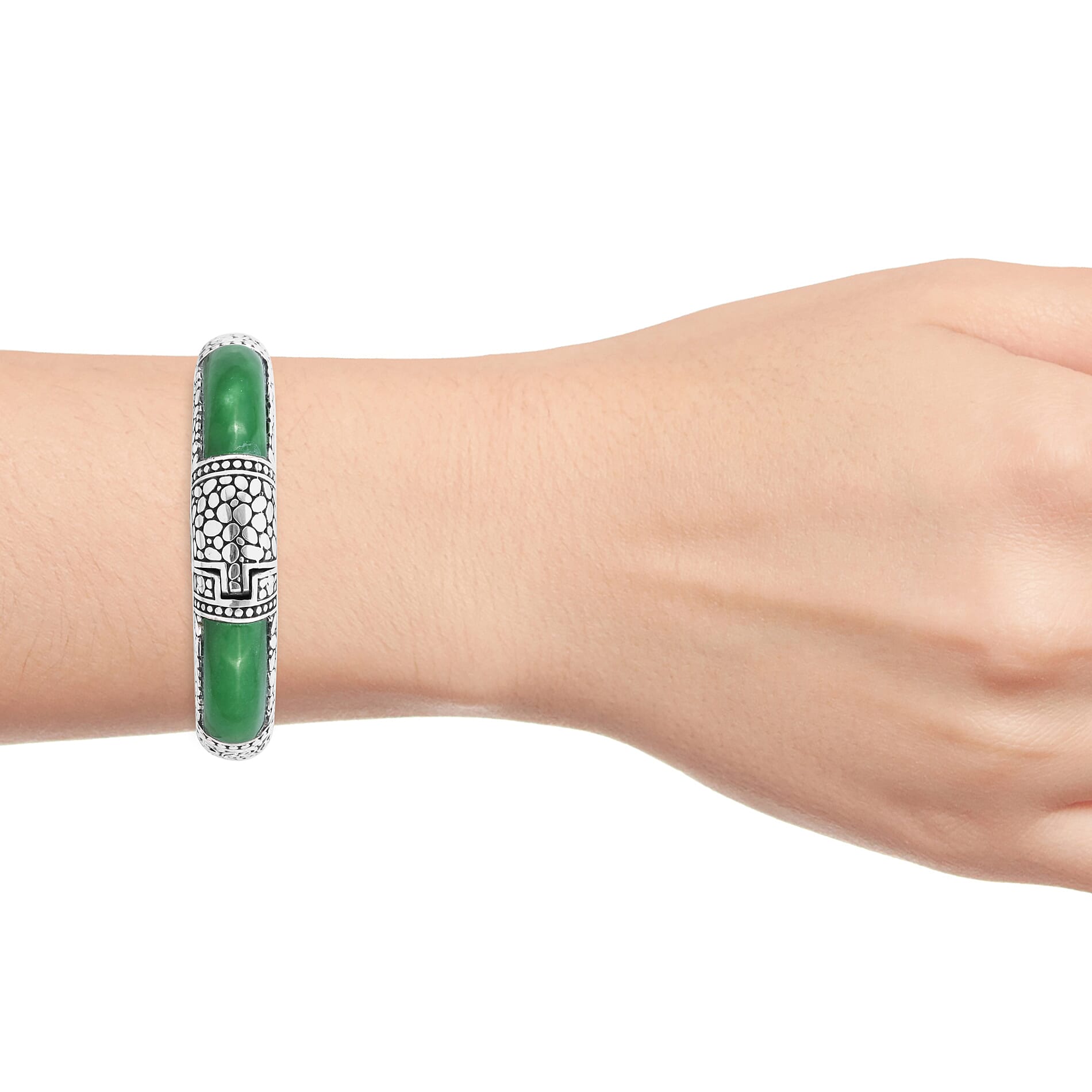 Royal Bali Collection - Green Jade Bangle (Size 7.5) in Sterling Silver 98.00 Ct, Silver Wt. 50.00 Gms