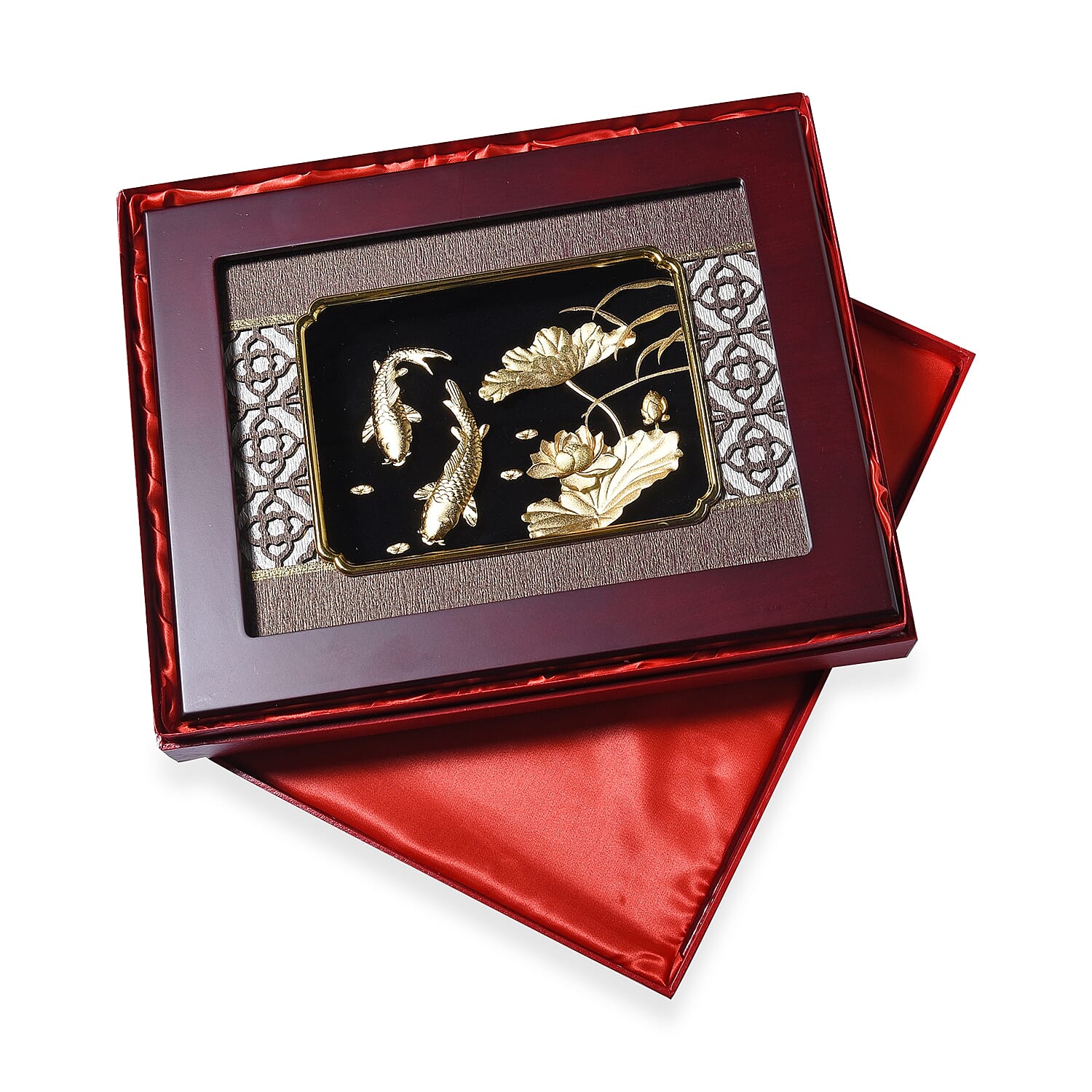 Home Decor - 24K Gold Plated Fish and Lotus Wooden Frame (Size 27x34 Cm)