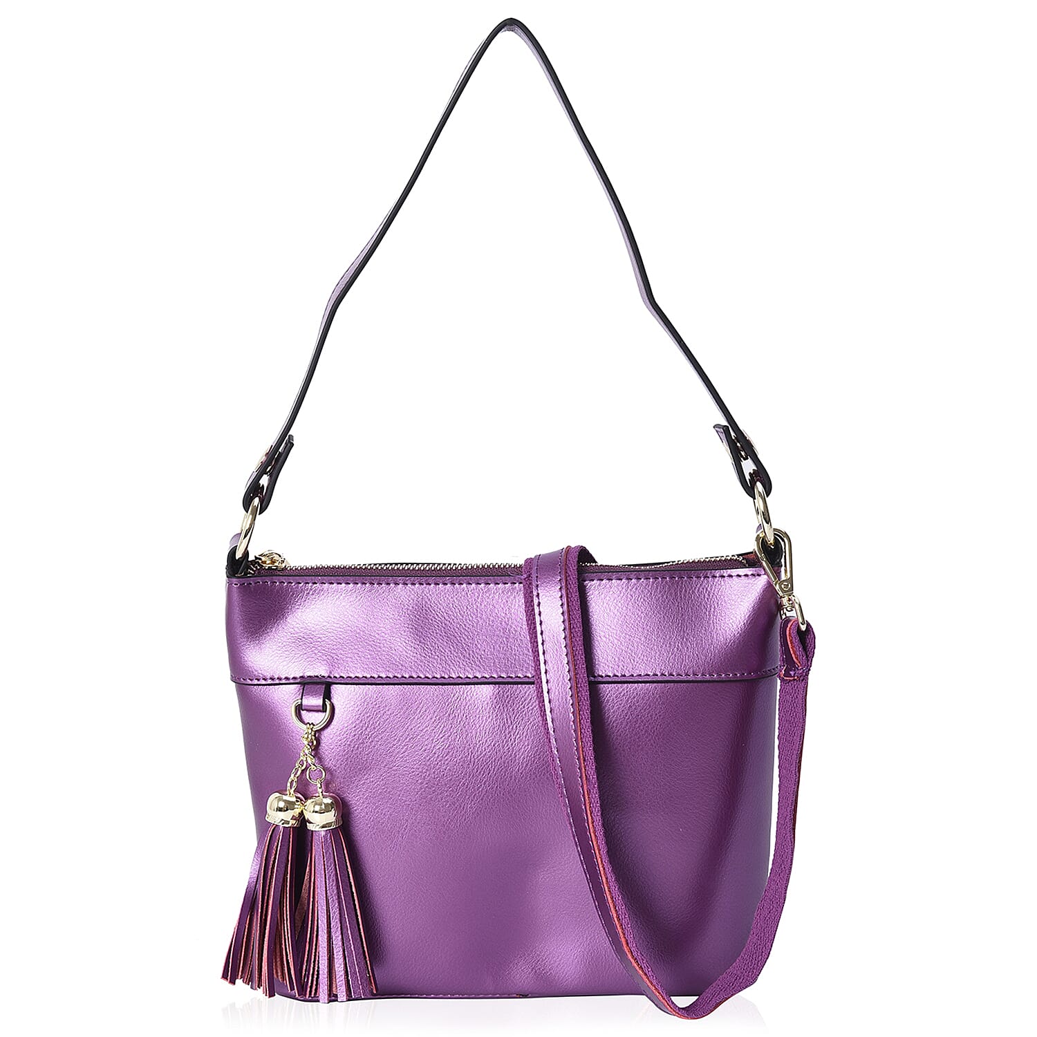 100% Genuine Leather Crossbody Bag with Detachable Strap and External Zipper Pocket (Size 23x7.5x20 Cm) - Purple