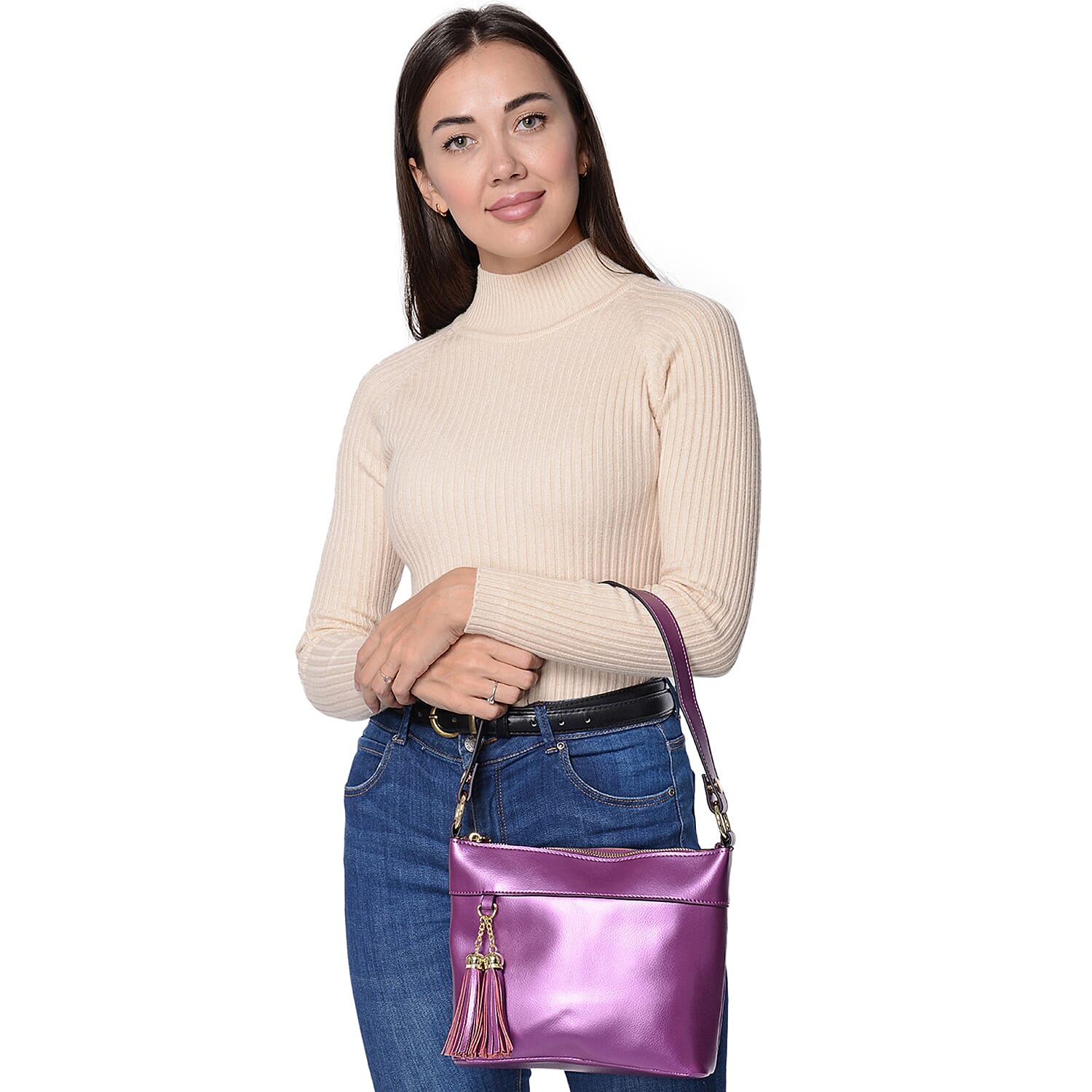 100% Genuine Leather Crossbody Bag with Detachable Strap and External Zipper Pocket (Size 23x7.5x20 Cm) - Purple
