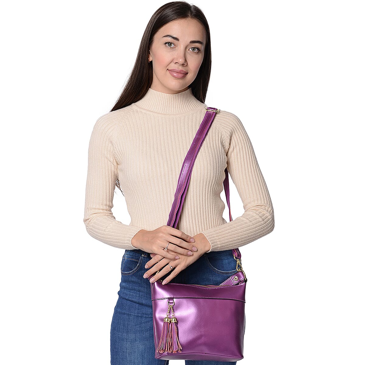 100% Genuine Leather Crossbody Bag with Detachable Strap and External Zipper Pocket (Size 23x7.5x20 Cm) - Purple