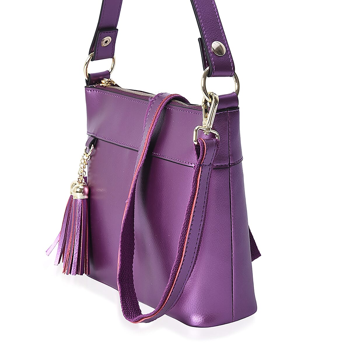 100% Genuine Leather Crossbody Bag with Detachable Strap and External Zipper Pocket (Size 23x7.5x20 Cm) - Purple
