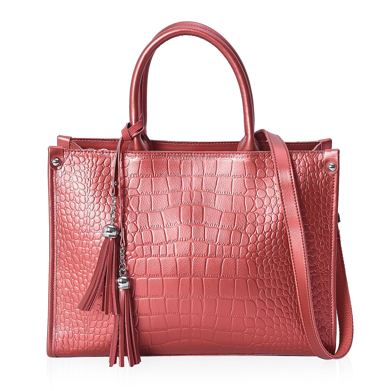 100% Genuine Leather Croc Embossed Tote Bag with Detachable Shoulder Strap (Size 34x14x25 Cm) - Red