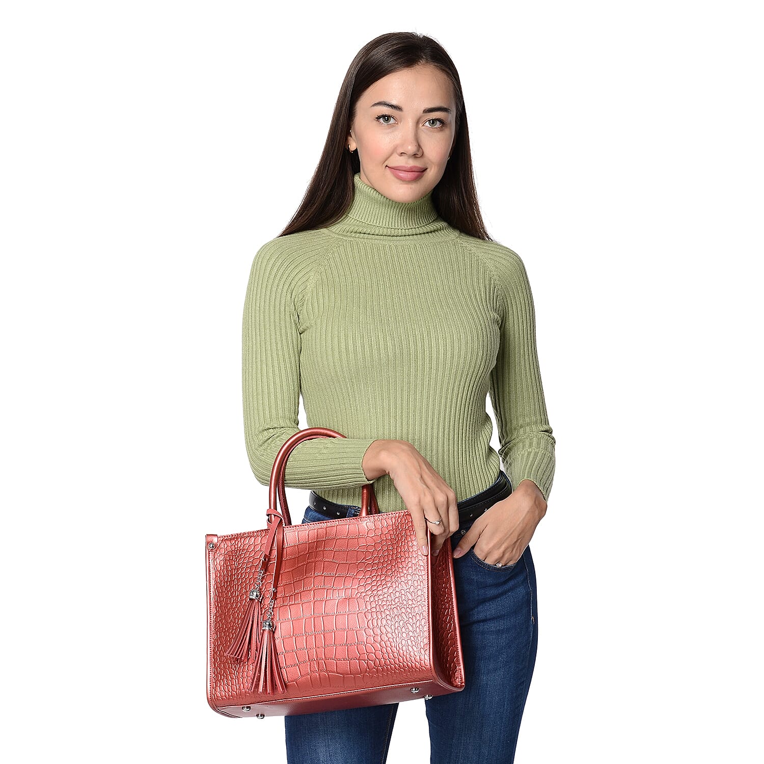 100% Genuine Leather Croc Embossed Tote Bag with Detachable Shoulder Strap (Size 34x14x25 Cm) - Red