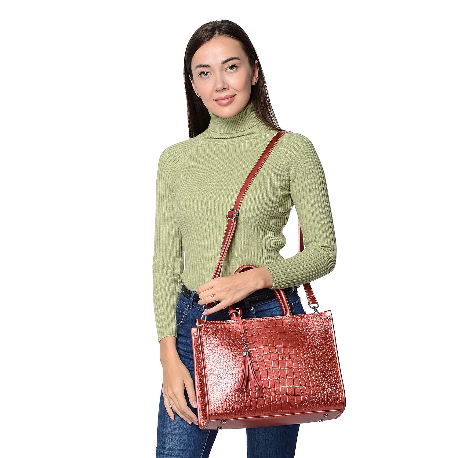 100% Genuine Leather Croc Embossed Tote Bag with Detachable Shoulder Strap (Size 34x14x25 Cm) - Red