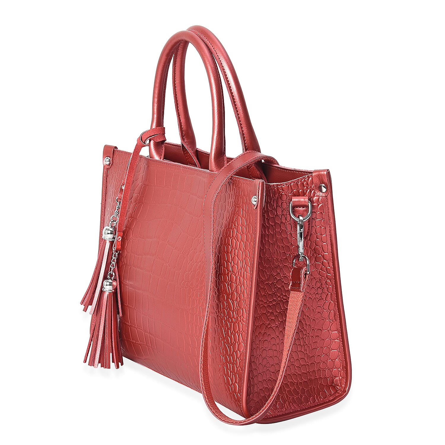 100% Genuine Leather Croc Embossed Tote Bag with Detachable Shoulder Strap (Size 34x14x25 Cm) - Red