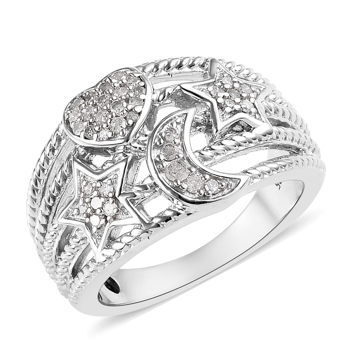 GP Diamond (Rnd) Blue Sapphire Ring in Platinum Overlay Sterling Silver 0.27 Ct., Silver wt. 5.50 Gms