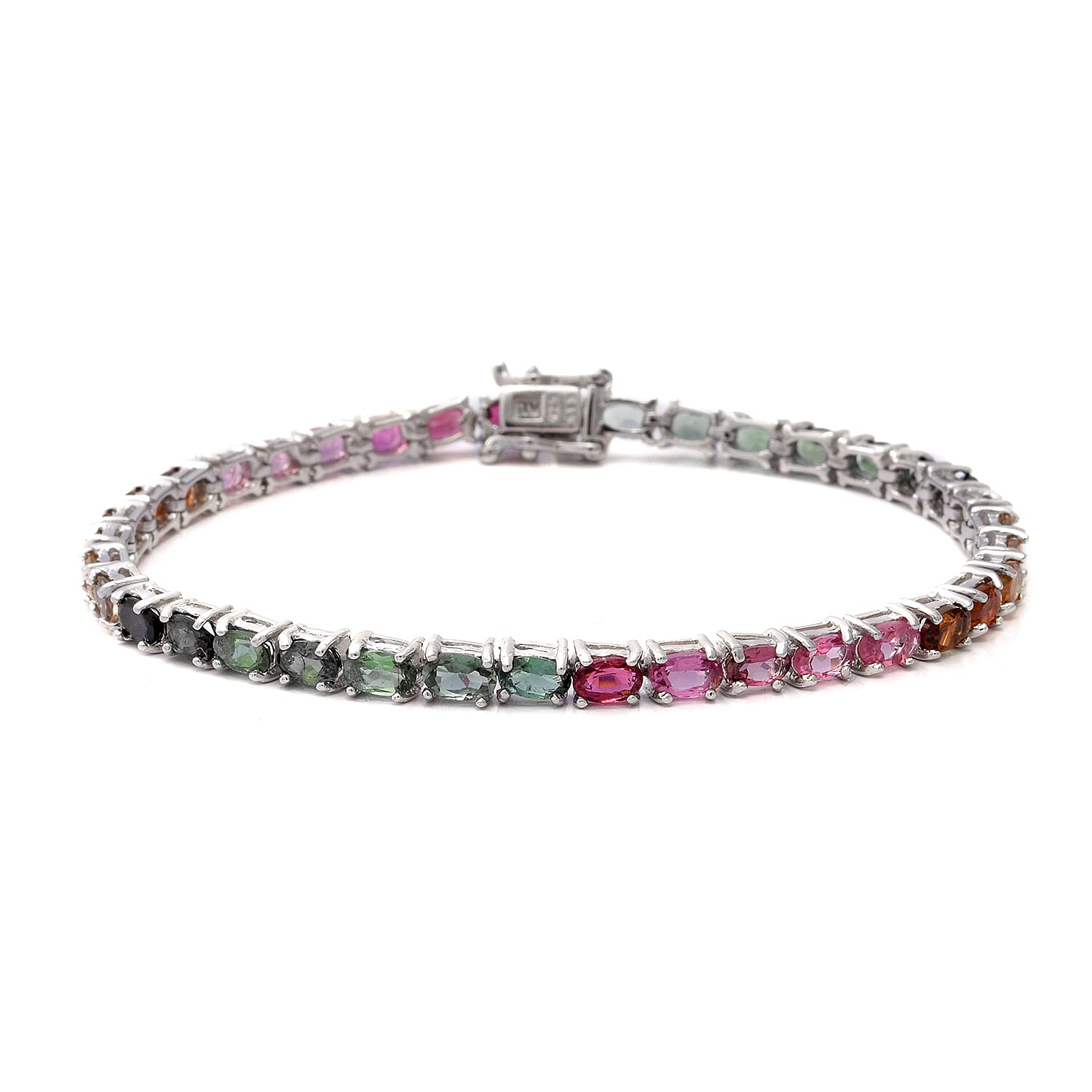 Rubellite, Pink Tourmaline, Green Tourmaline and Multi (Ovl) Tennis Bracelet (Size 7.5) in Rhodium Overlay Sterling Silver 8.18 Ct,