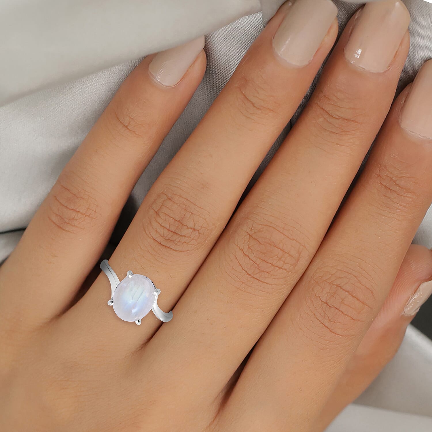 Rainbow Moonstone (Ovl) Solitaire Ring in Sterling Silver 4.00 Ct.