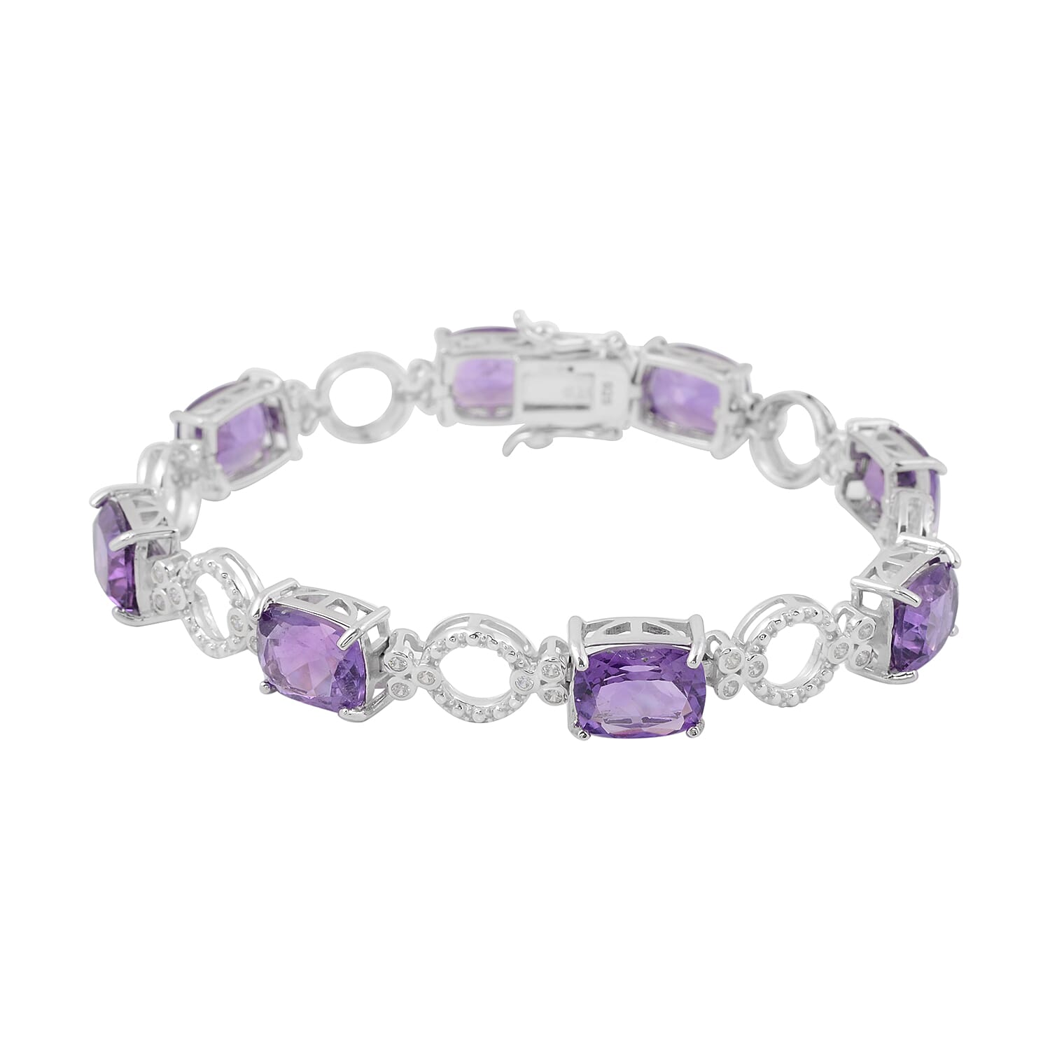Zambian Amethyst (Cush), Natural White Cambodian Zircon Bracelet (Size 8) in Rhodium Overlay Sterling Silver 23.66 Ct, Silver wt 13.60 Gms