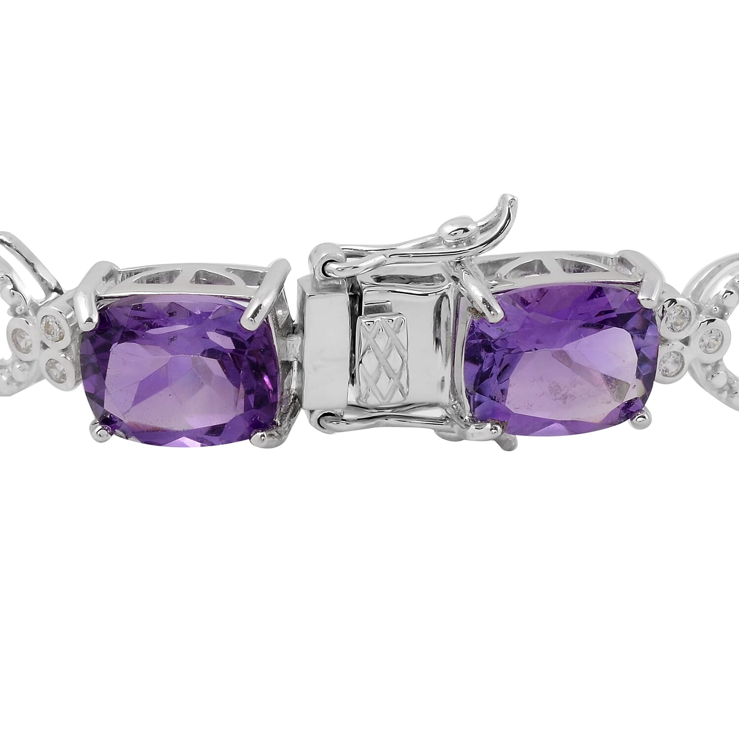 Zambian Amethyst (Cush), Natural White Cambodian Zircon Bracelet (Size 8) in Rhodium Overlay Sterling Silver 23.66 Ct, Silver wt 13.60 Gms