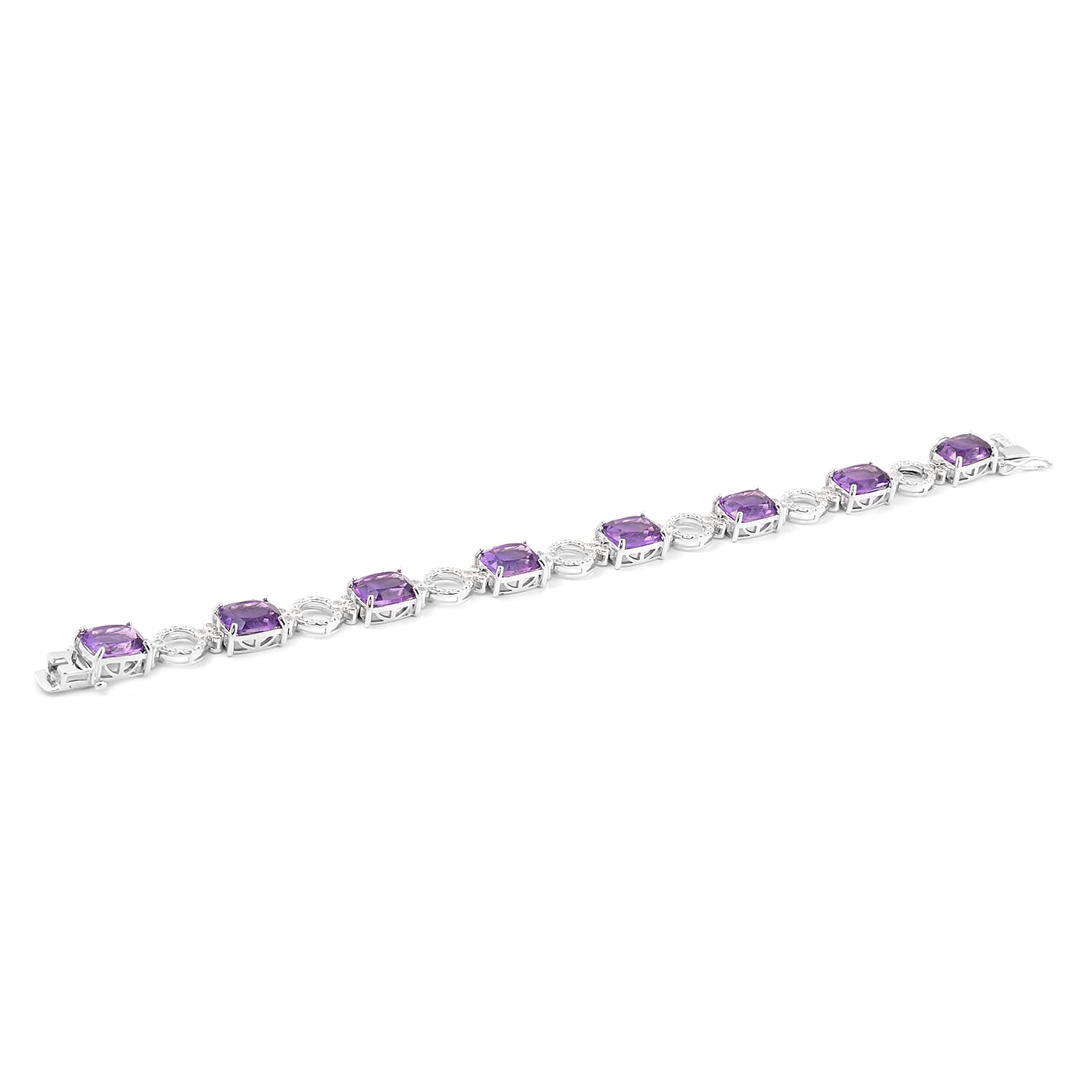 Zambian Amethyst (Cush), Natural White Cambodian Zircon Bracelet (Size 8) in Rhodium Overlay Sterling Silver 23.66 Ct, Silver wt 13.60 Gms