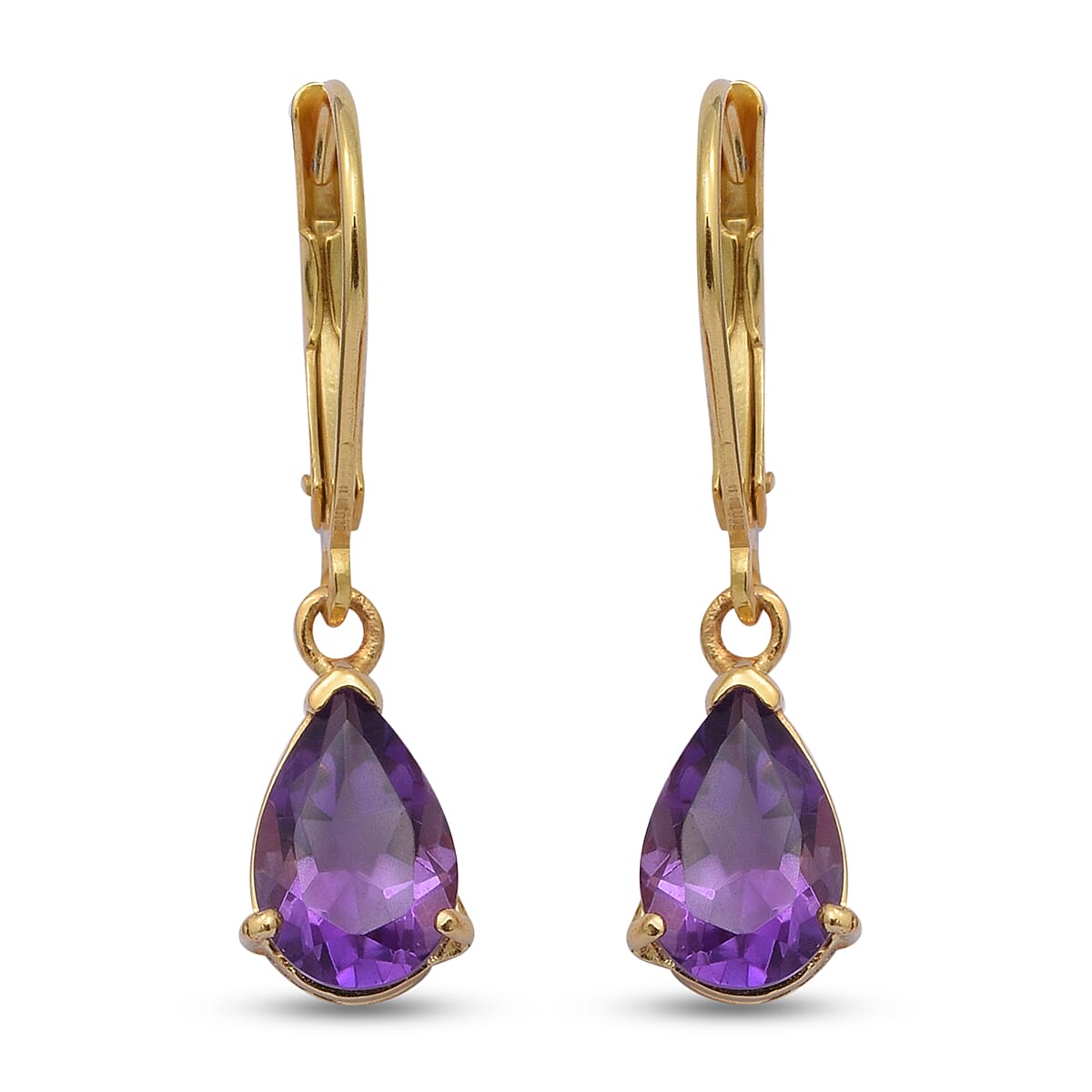 Amethyst (Pear) Lever Back Earrings in Yellow Gold Overlay Sterling Silver 2.32 Ct.