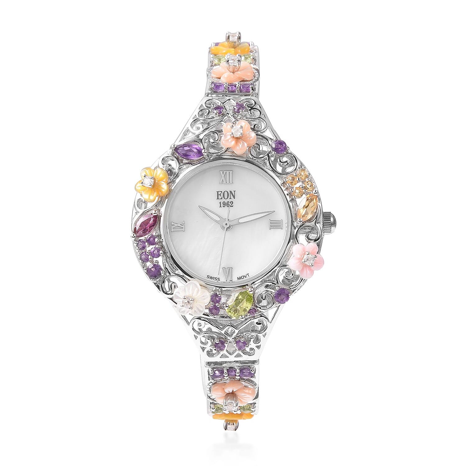 Jardin Collection-EON 1962 Swiss Movement  Water Resistant Bracelet Watch(Size 7.5 with Extender) in Rhodium Overlay Sterling Silver .Silver wt 28.40 Gms