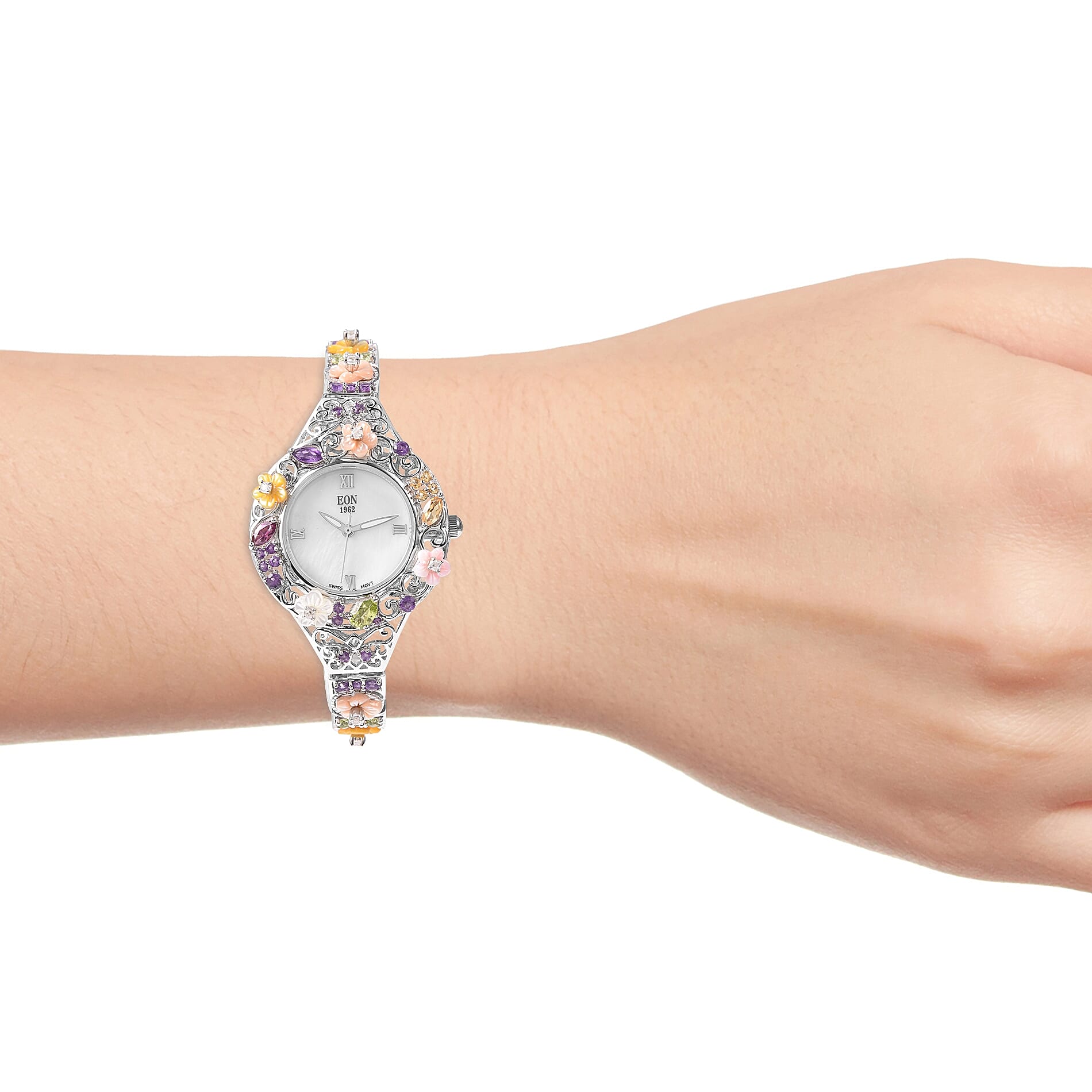 Jardin Collection-EON 1962 Swiss Movement  Water Resistant Bracelet Watch(Size 7.5 with Extender) in Rhodium Overlay Sterling Silver .Silver wt 28.40 Gms