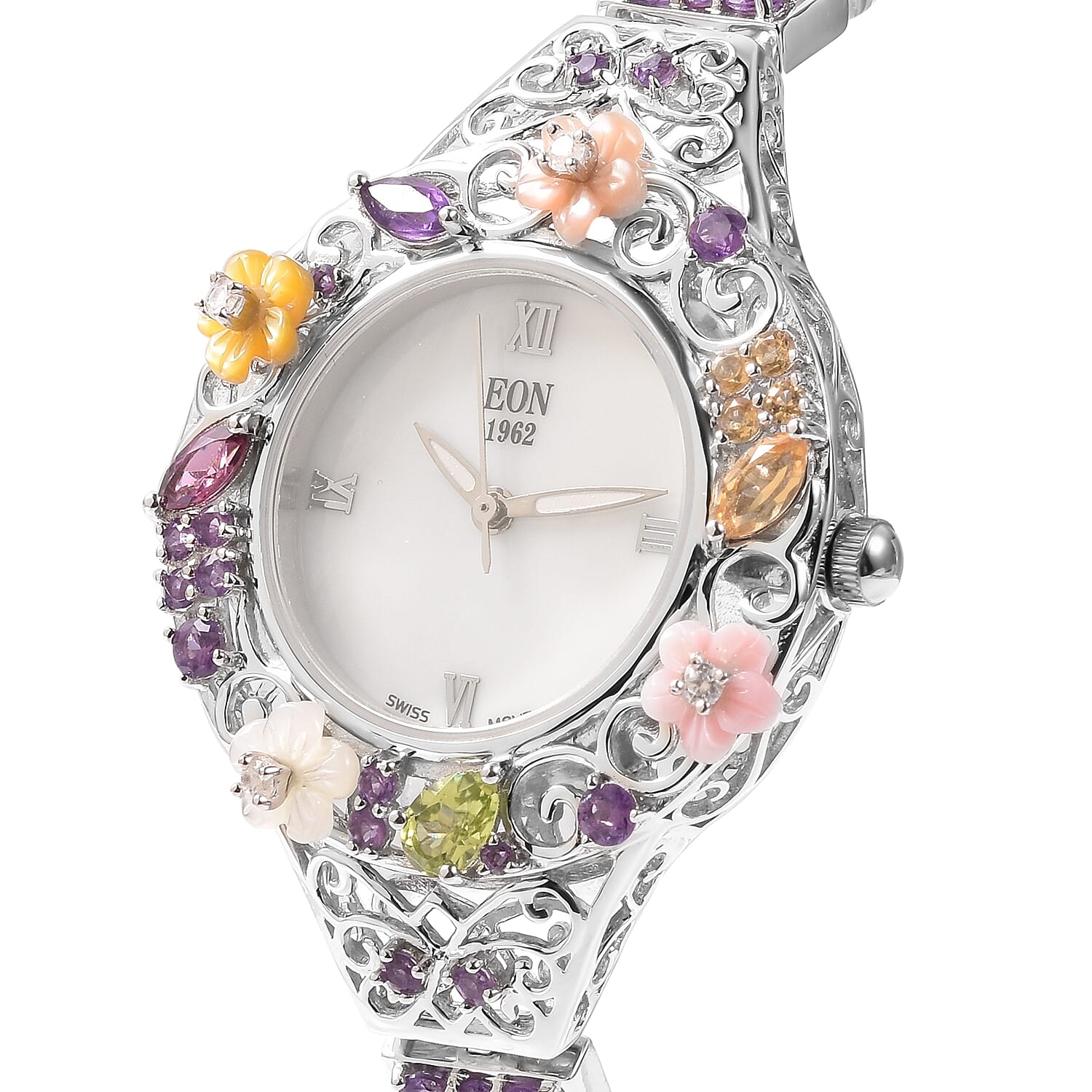 Jardin Collection-EON 1962 Swiss Movement  Water Resistant Bracelet Watch(Size 7.5 with Extender) in Rhodium Overlay Sterling Silver .Silver wt 28.40 Gms