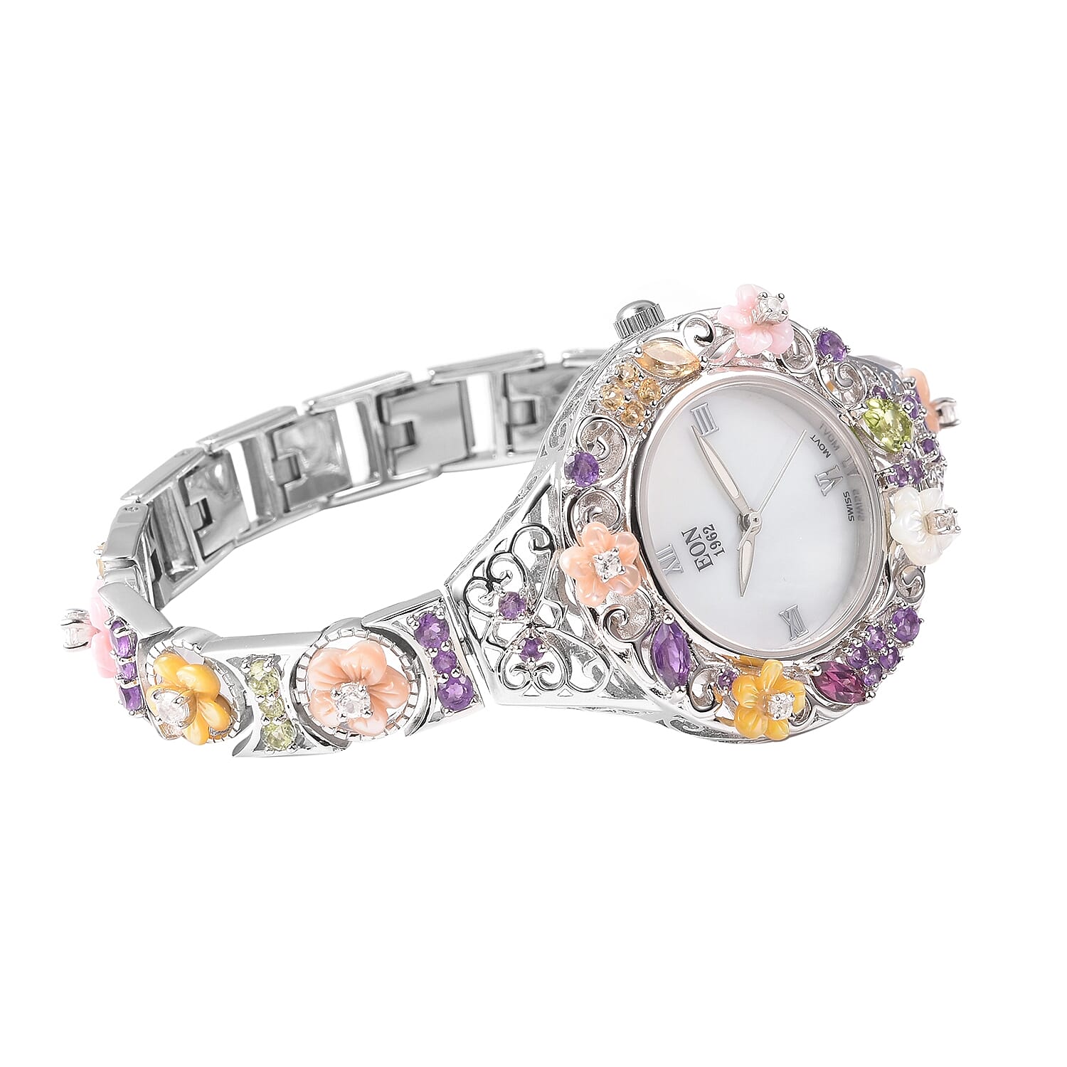 Jardin Collection-EON 1962 Swiss Movement  Water Resistant Bracelet Watch(Size 7.5 with Extender) in Rhodium Overlay Sterling Silver .Silver wt 28.40 Gms