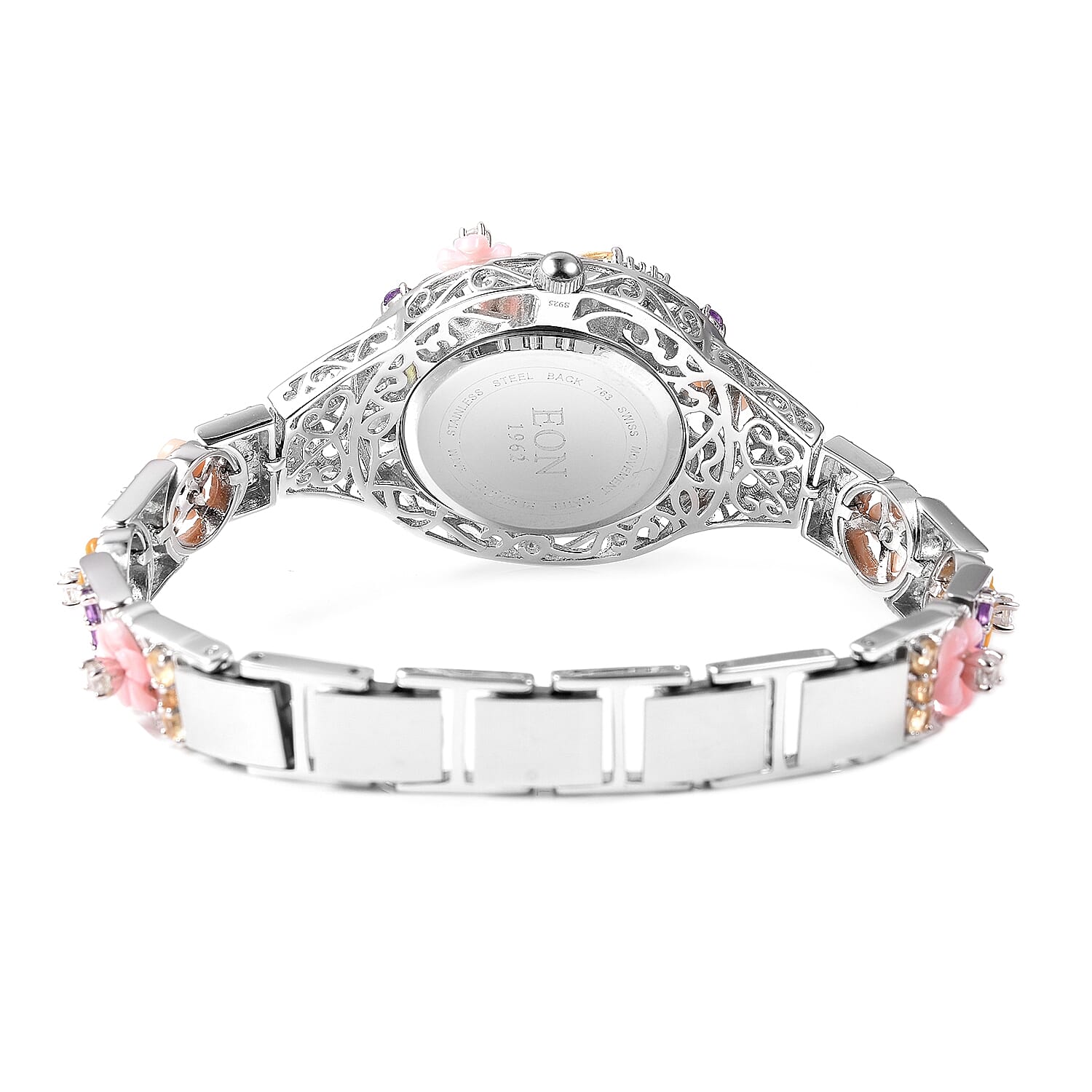 Jardin Collection-EON 1962 Swiss Movement  Water Resistant Bracelet Watch(Size 7.5 with Extender) in Rhodium Overlay Sterling Silver .Silver wt 28.40 Gms