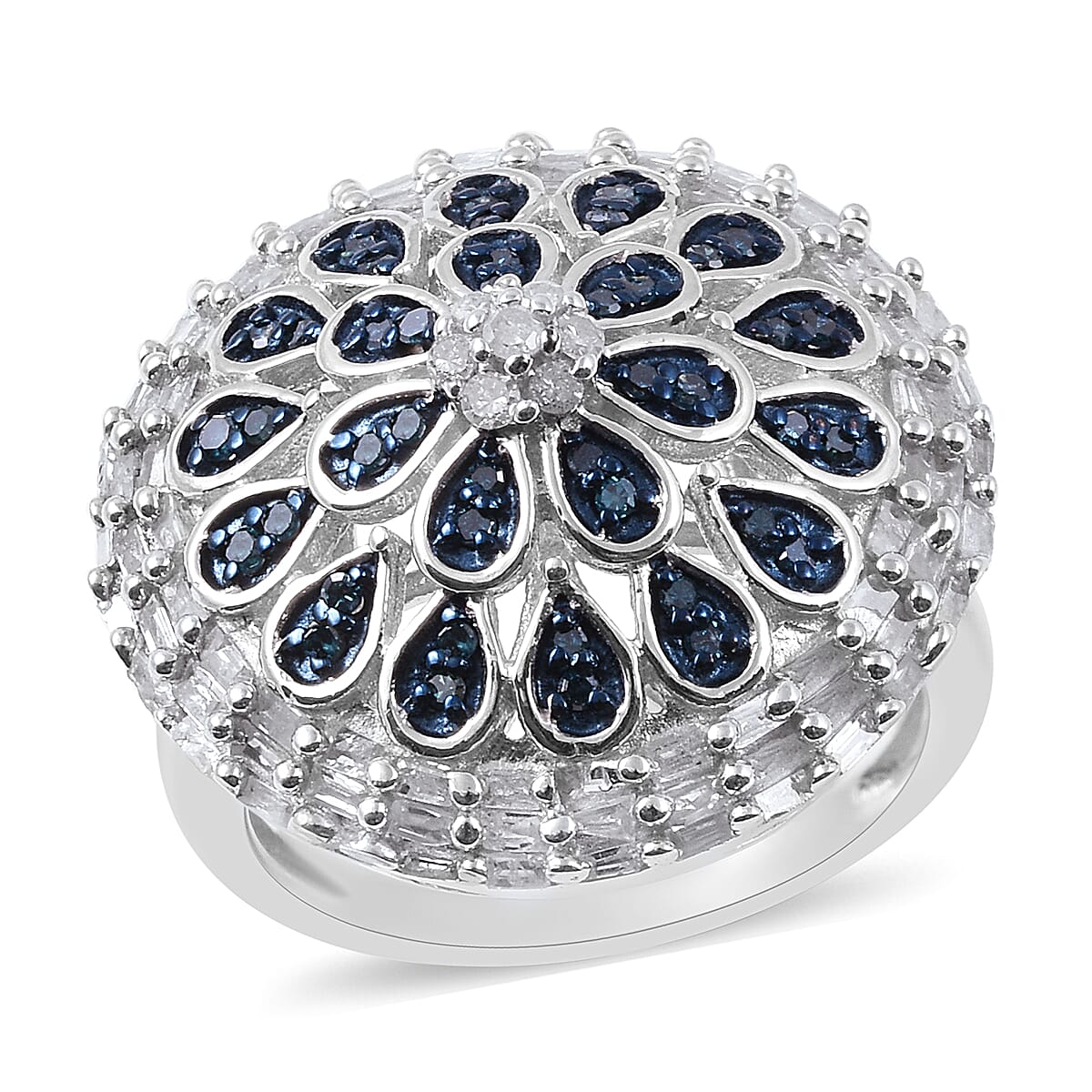 Blue and White Diamond (Rnd and Bgt) Ring in Platinum Overlay Sterling Silver 1.255 Ct, Silver wt 6.10 Gms, Number of Diamond 135