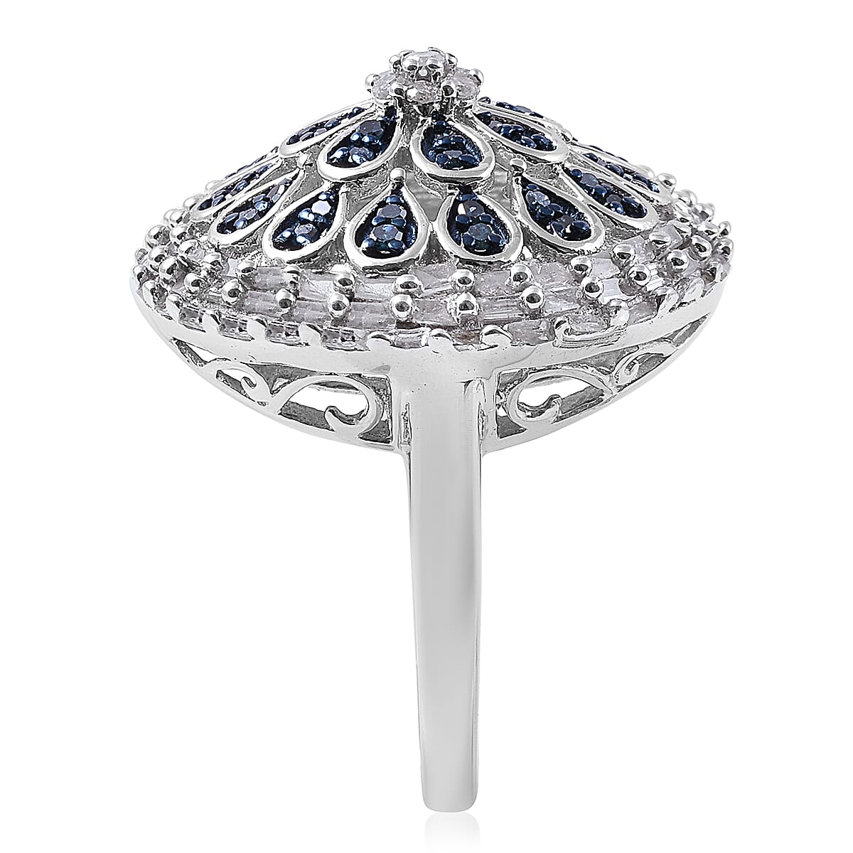 Blue and White Diamond (Rnd and Bgt) Ring in Platinum Overlay Sterling Silver 1.255 Ct, Silver wt 6.10 Gms, Number of Diamond 135