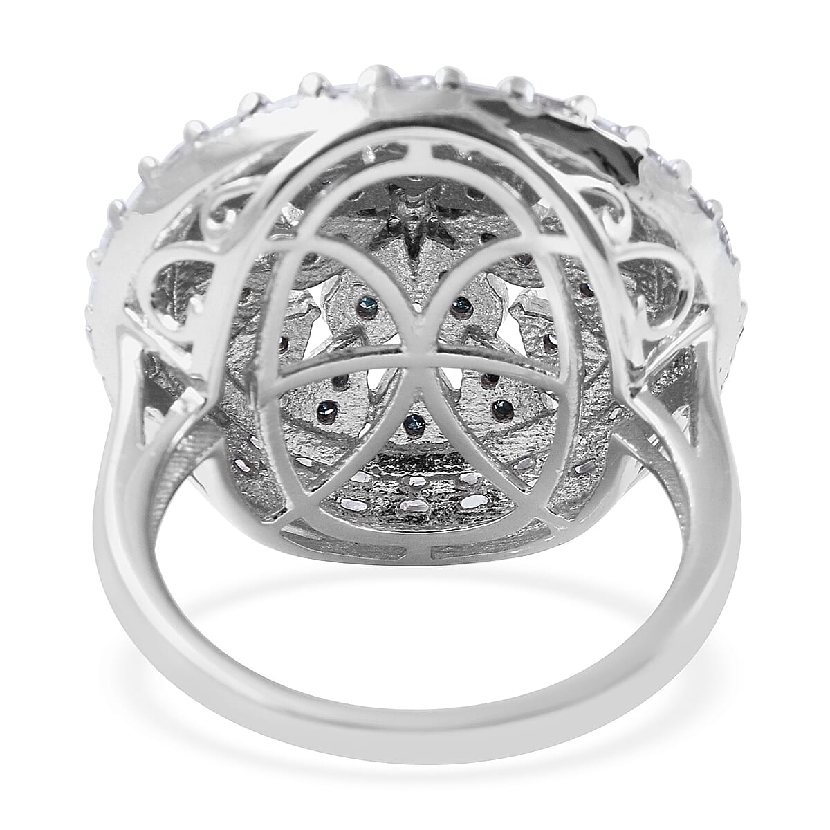 Blue and White Diamond (Rnd and Bgt) Ring in Platinum Overlay Sterling Silver 1.255 Ct, Silver wt 6.10 Gms, Number of Diamond 135