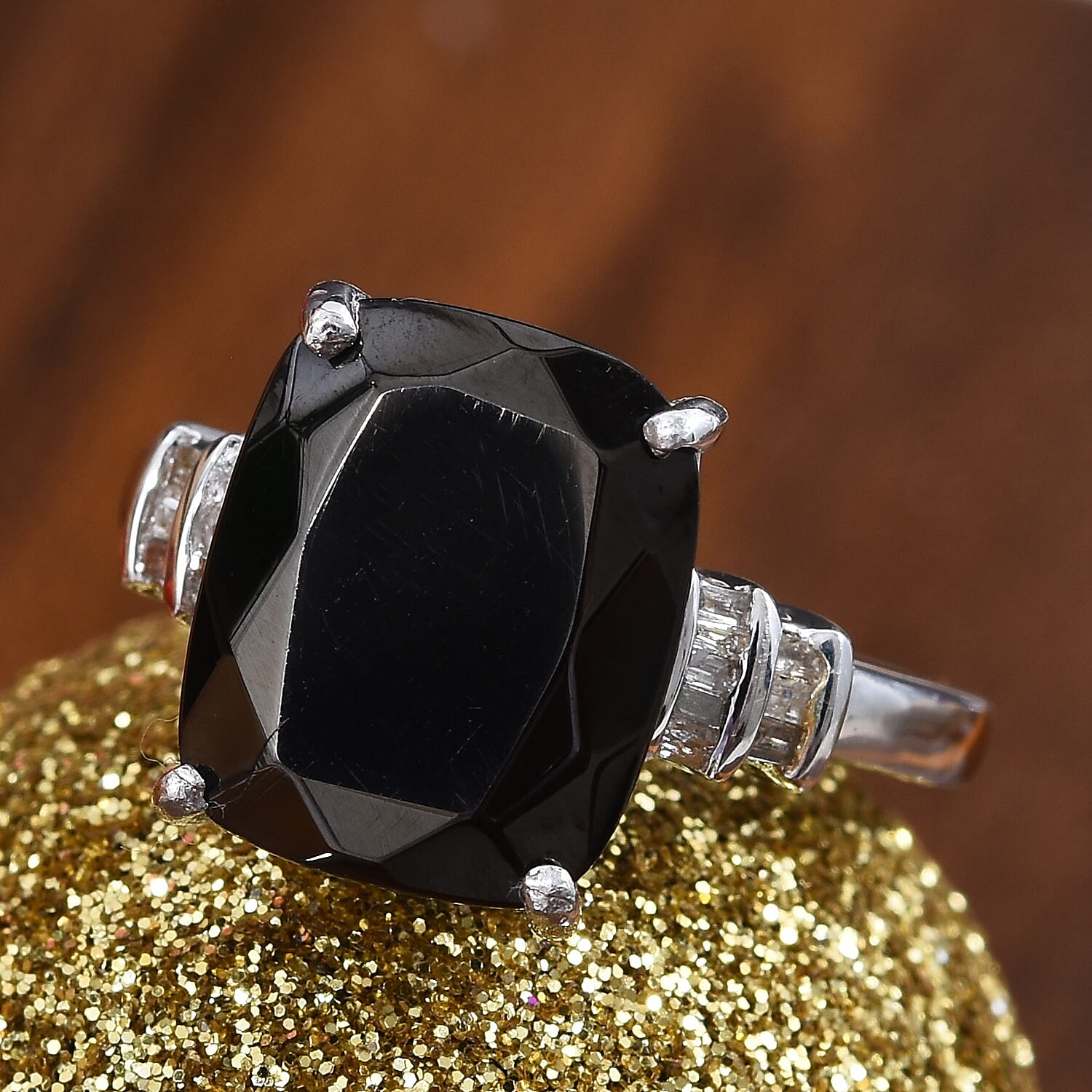 Elite Shungite (Cush), Diamond Ring in Platinum Overlay Sterling Silver 3.50 Ct.
