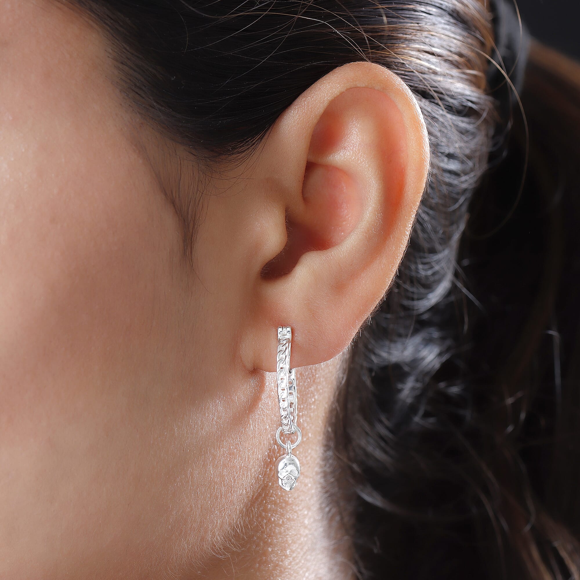 Sterling Silver Skull Charm Hoop Earrings (with Clasp)