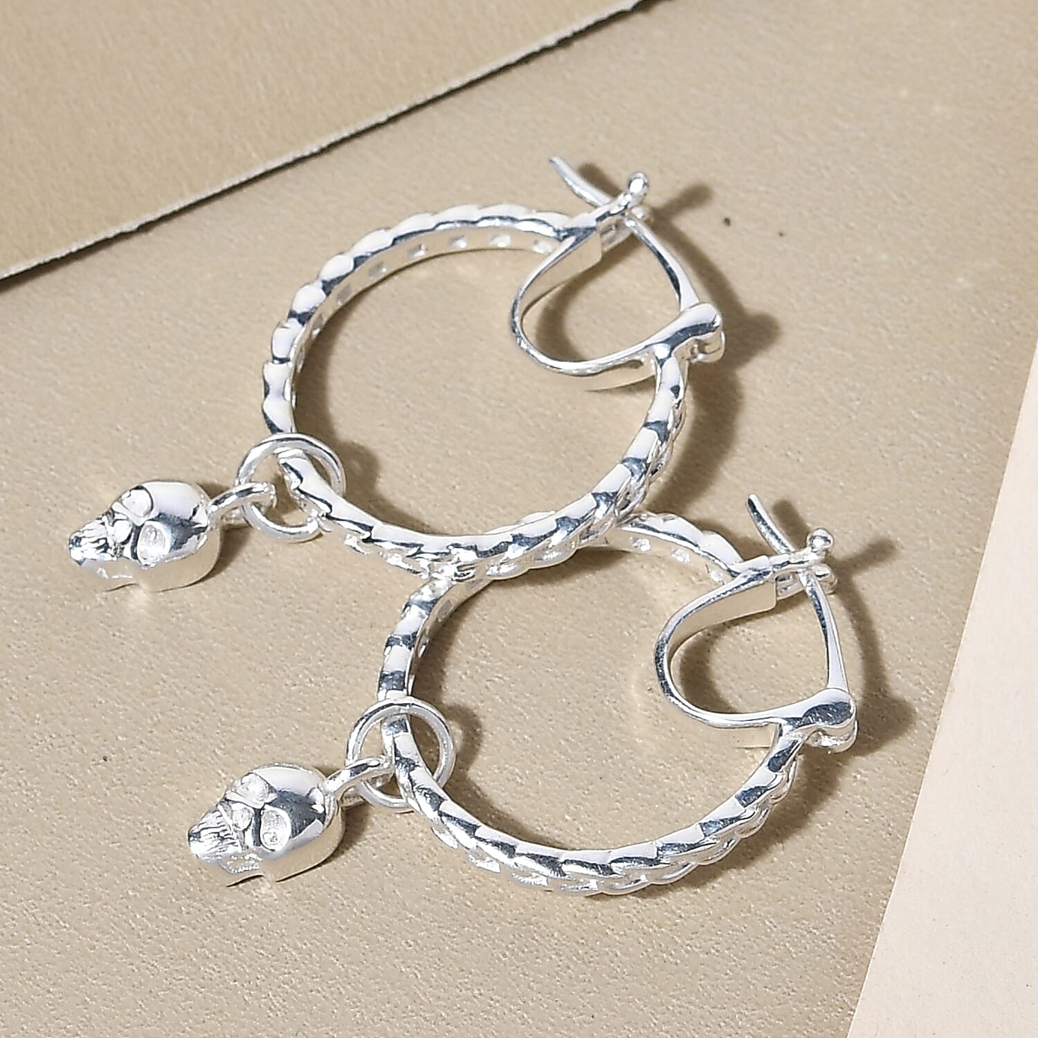 Sterling Silver Skull Charm Hoop Earrings (with Clasp)