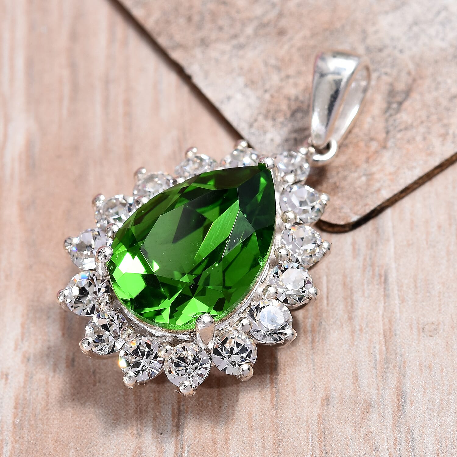 J Francis -  Fern Green Crystal (Pear 14x10 mm),  White Crystal Pendant in Sterling Silver