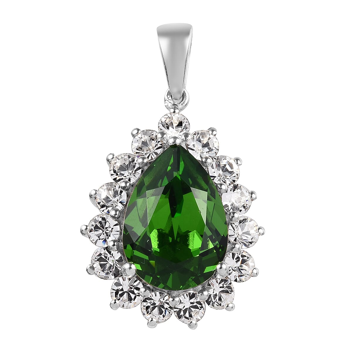 J Francis -  Fern Green Crystal (Pear 14x10 mm),  White Crystal Pendant in Sterling Silver