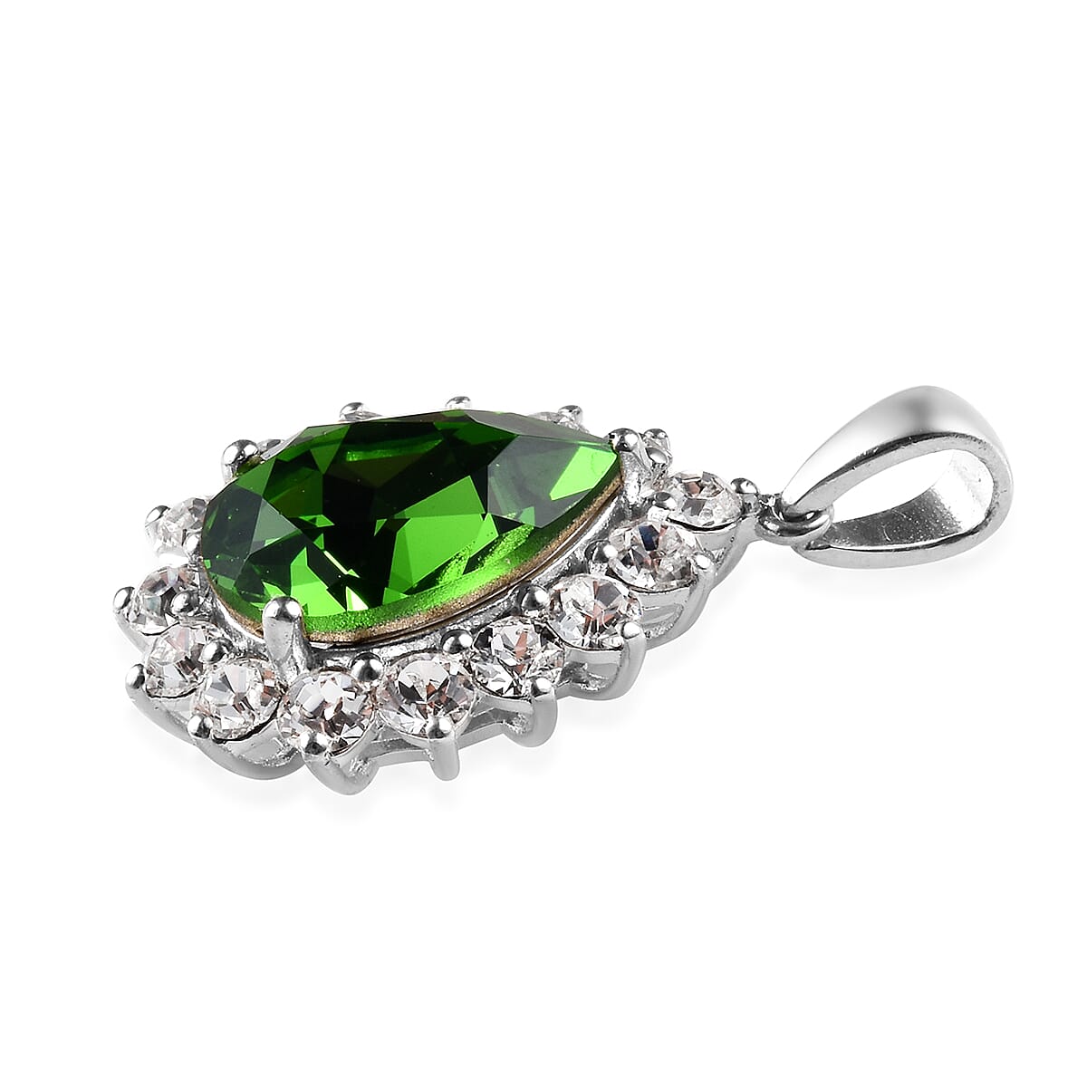 J Francis -  Fern Green Crystal (Pear 14x10 mm),  White Crystal Pendant in Sterling Silver