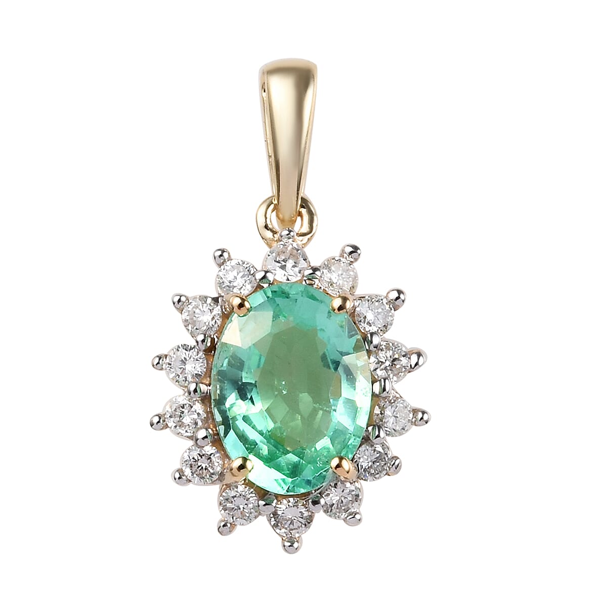 CloseOut Deal -  14K Yellow Gold Boyaca Colombian Emerald (Ovl 8x6 mm), Diamond Pendant 1.400 Ct.
