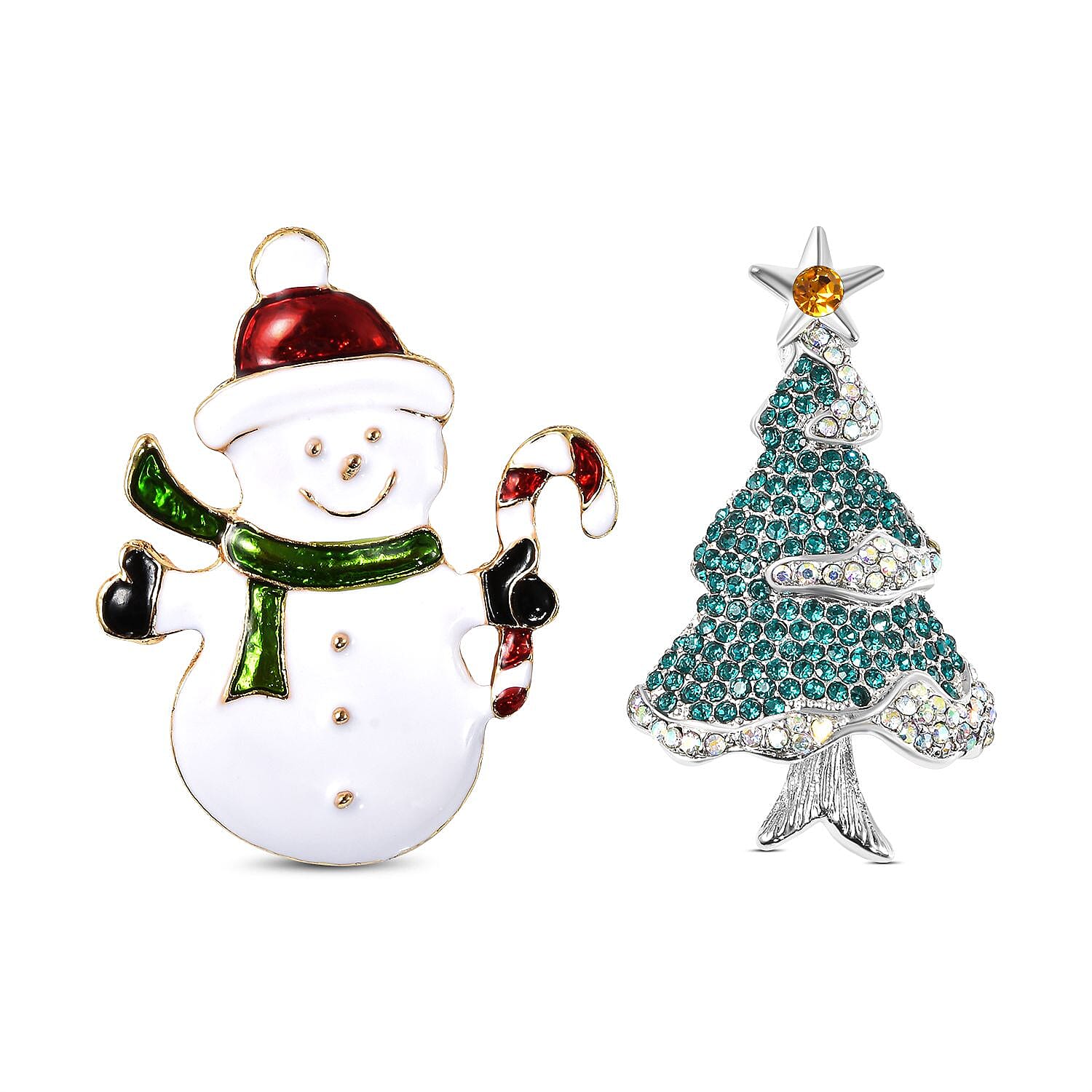 2 Piece Set - Multicolour Austrian Crystal (Rnd) Snowman and Christmas Tree Enamelled Brooch
