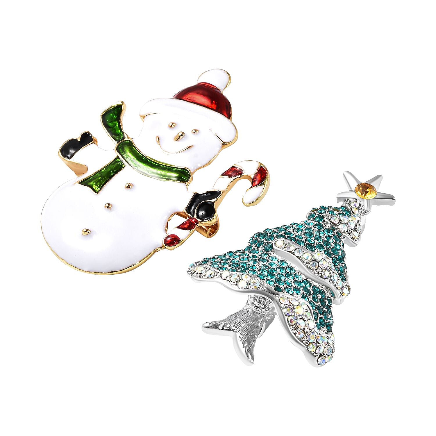 2 Piece Set - Multicolour Austrian Crystal (Rnd) Snowman and Christmas Tree Enamelled Brooch