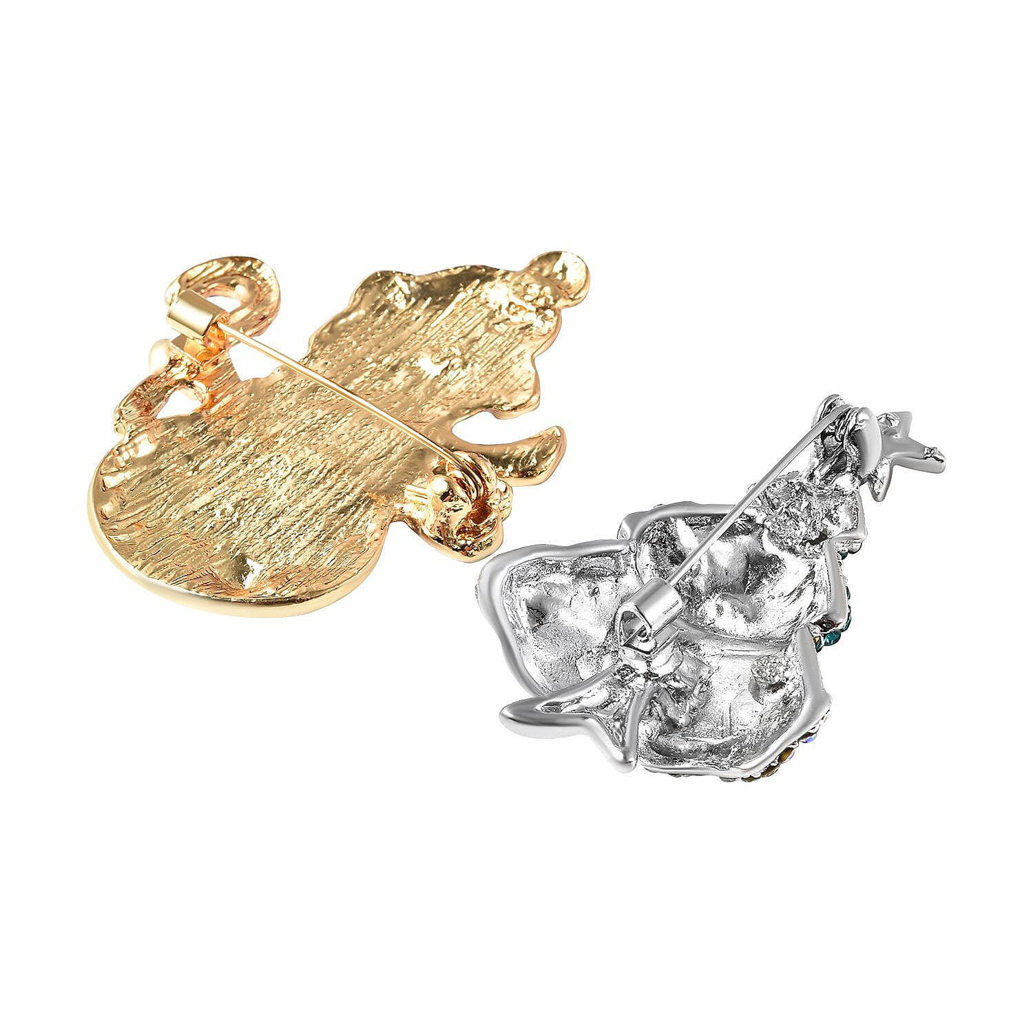 2 Piece Set - Multicolour Austrian Crystal (Rnd) Snowman and Christmas Tree Enamelled Brooch