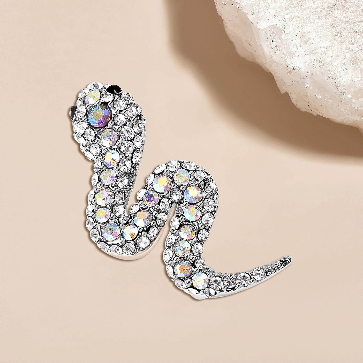 Safari Collection-Multicolour Austrian Crystal (Rnd) Snake Design Brooch in Silver Tone