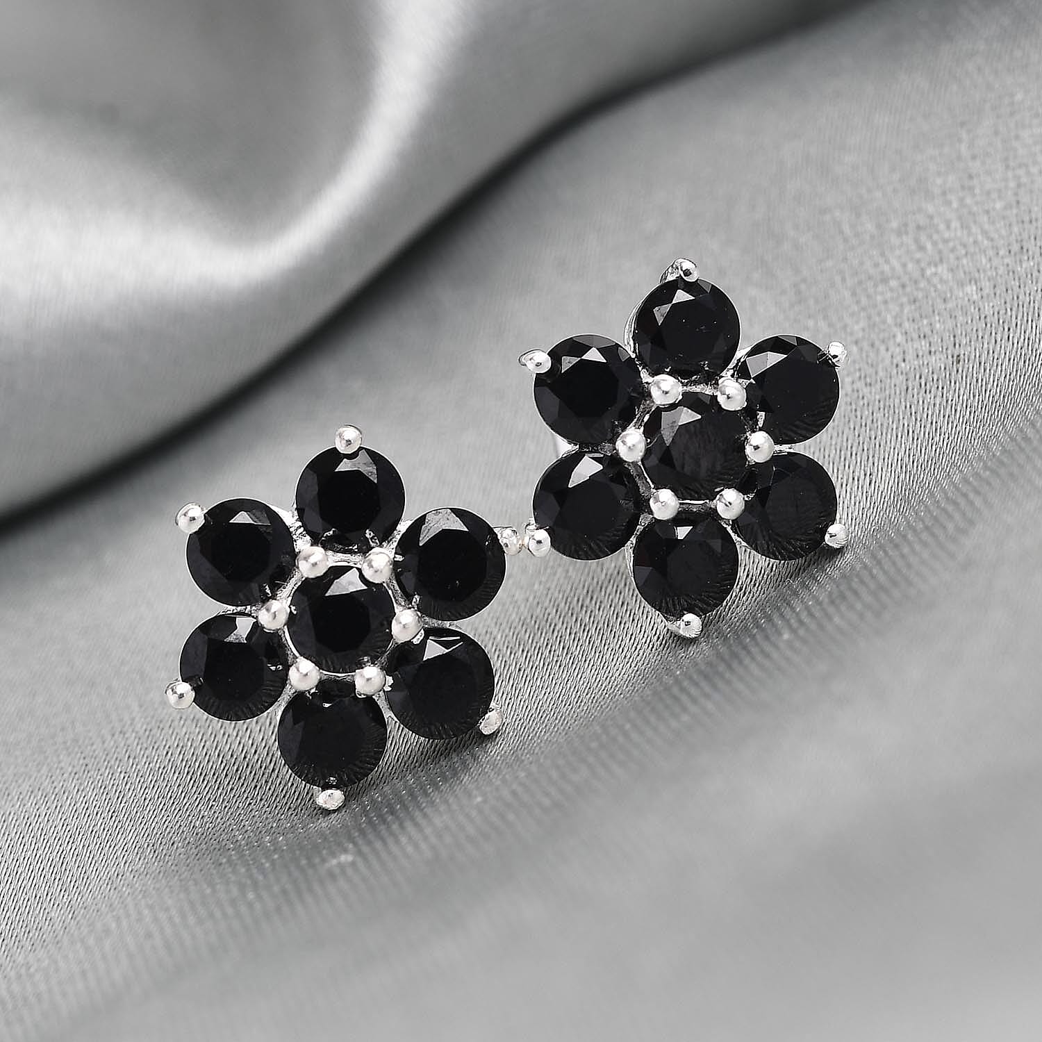 MP - Boi Ploi Black Spinel (Rnd) Floral Stud Earrings (with Push Back) in Sterling Silver 3.01 Ct.