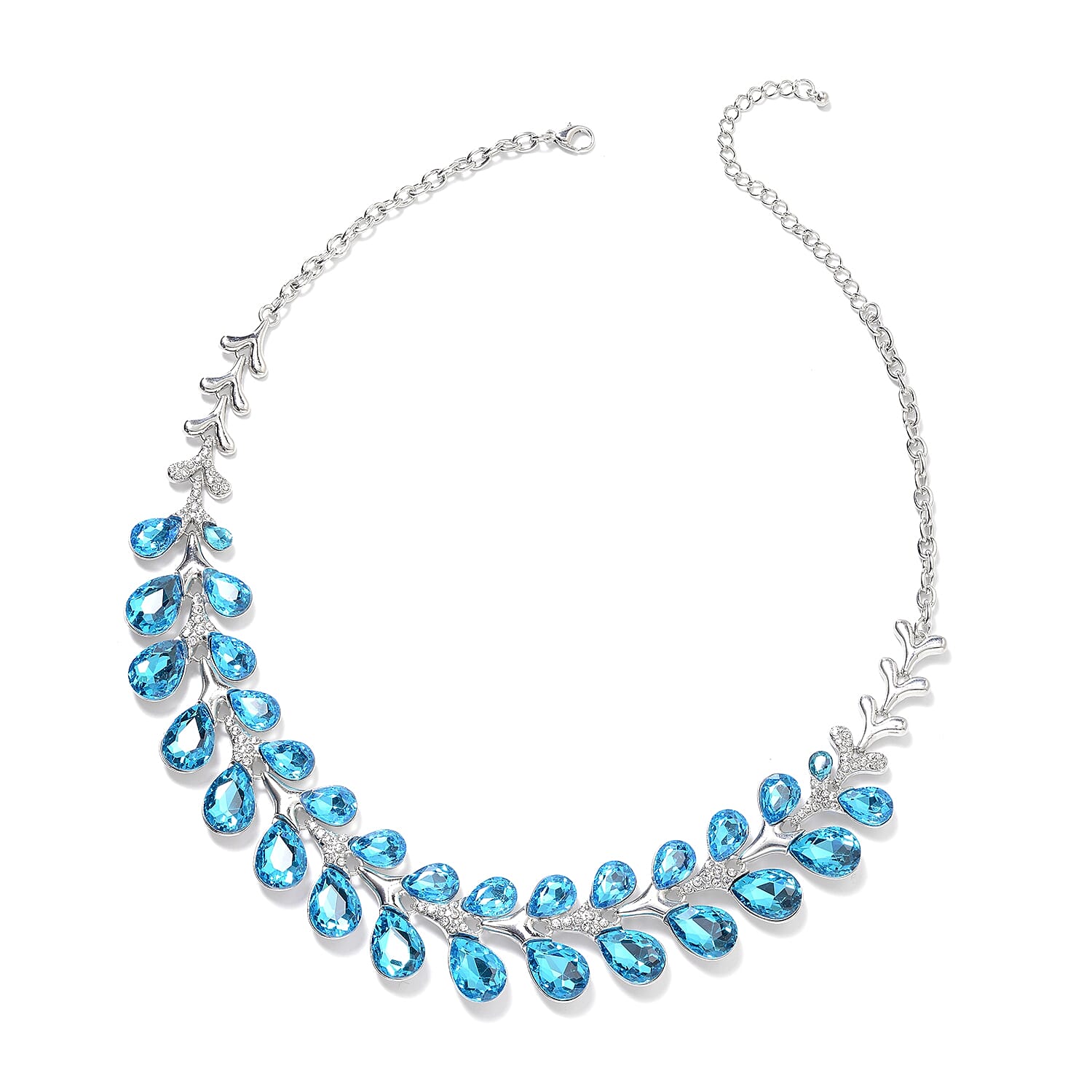 Simulated Blue Sapphire (Pear), White Austrian Crystal Necklace (Size 22 with 4 inch Extender)
